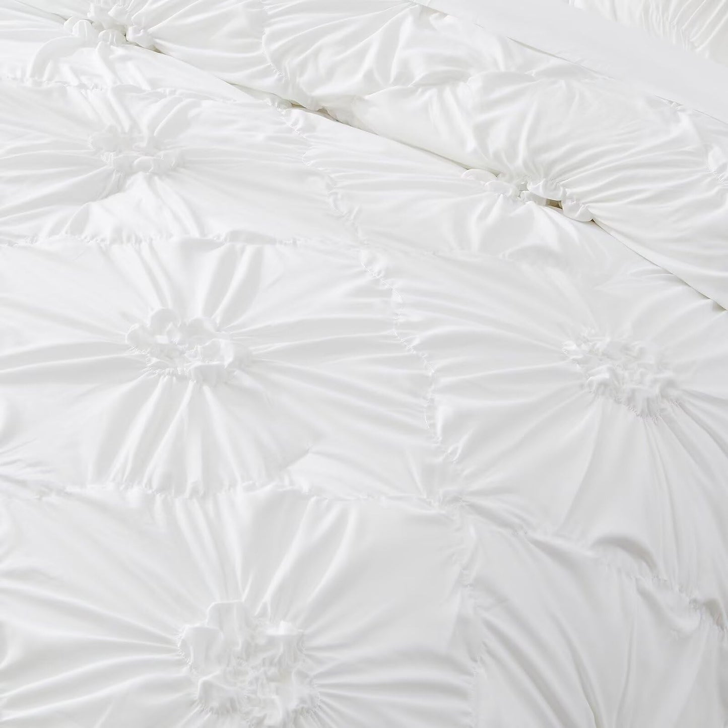 Jameswish White Comforter Set Queen Size Bed in A Bag 7 Piece Pinch Pleat Bedding Set,Pintuck Ruched Flowers Bed Set with Comforter, Sheets, Pillowcases & Shams