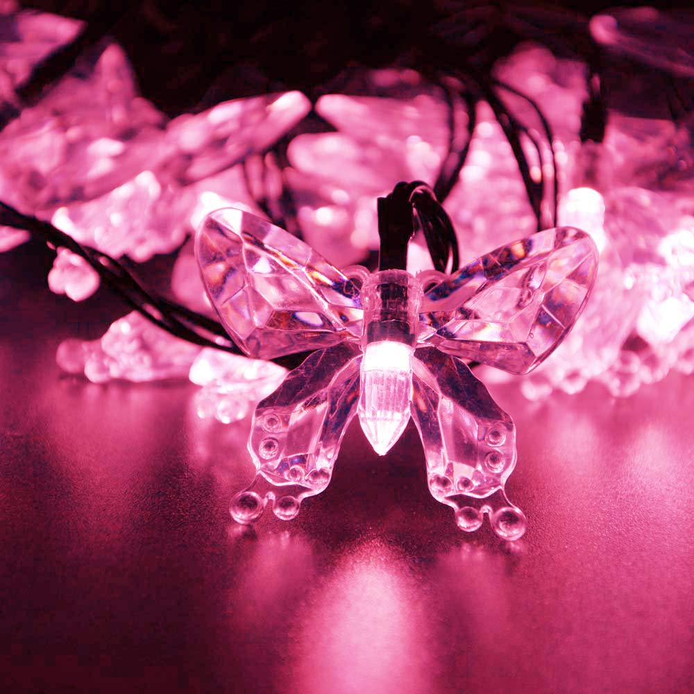 WONFAST Solar String Lights, Waterproof 16ft 20LED Butterfly Christmas Fairy Lights Decorative Lighting for Home Party Wedding Patio Garden Porch Balcony (Pink)