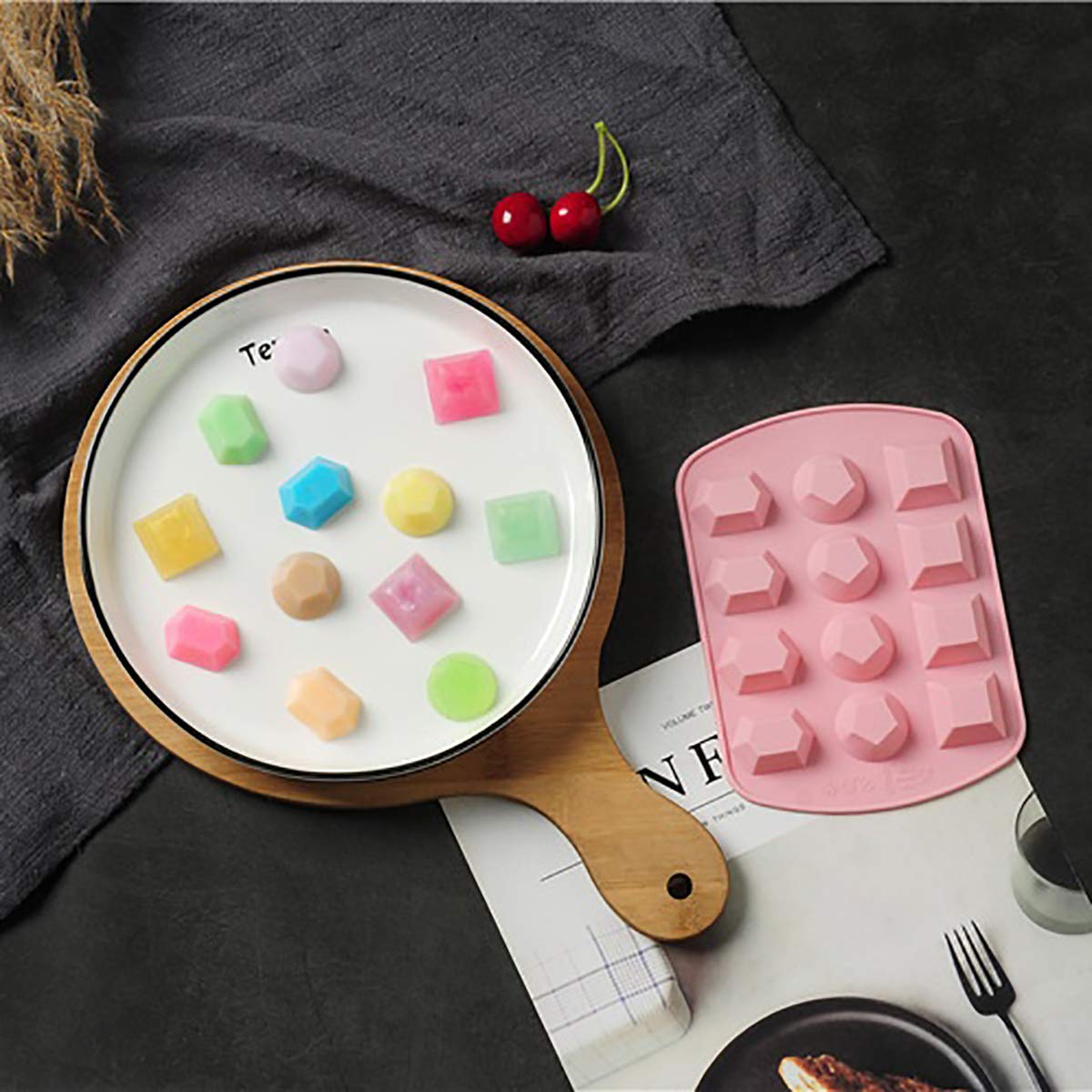 Nicunom 6 Pack Silicone Gem Shapes Candy Molds, 12 Cavity Diamond Cube Tray for Making Jelly, Candy, Chocolate, Cake Decorating, Ice Molds, Soap, Crafting