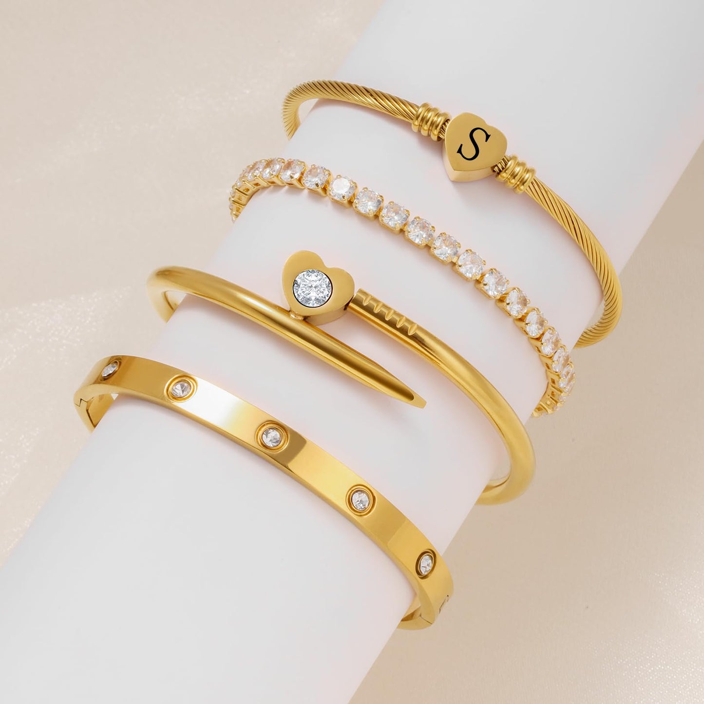 MEIERYA18K Gold Plated Nail love Bangle Bracelet Set for Women,Cubic Zirconia,Adjustable tennis bracelet Trendy Gift Jewelry for Mother's Day Anniversary (13-Style-S)