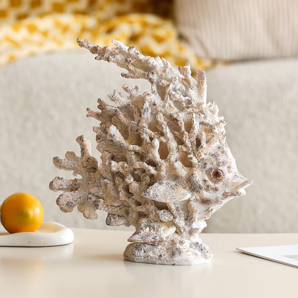SUYNYBHF Coral Fish Figurines Beach Coastal Coral Reef Decor 9.6-inch Resin Statue Angel Fish Home Office Desktop Sculpture Bathroom Decoration Mom Gift Ornament Gift(White) (White Coral Fish)