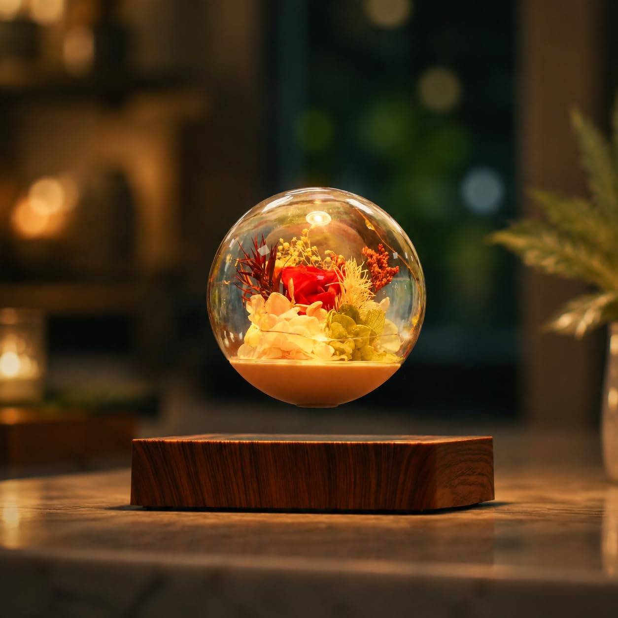 MAGECMOON Magnetic Levitation Preserved Flower, Forever Real Eternal Roses, Floating Lamp Levitating LED Light Bulb, Gifts for Kids Lover Friends (Dark Brown Base, 5.5"*5.5" (Plastic))