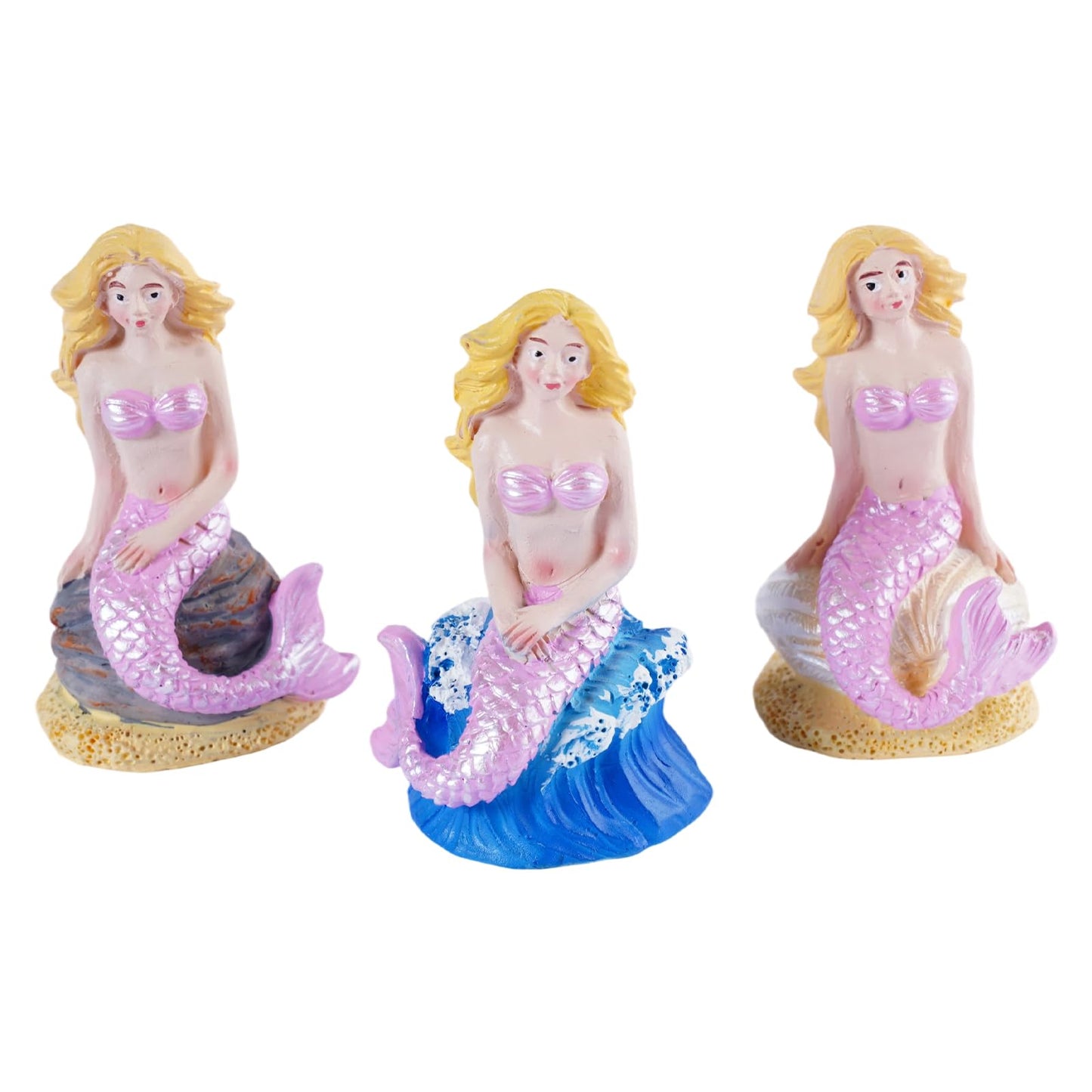 Brizoria Mermaid Decor Set of 3 Mermaid Figurines Sitting Resin Mermaid Statue Pink Tail Blonde Hair Coastal Beach Tabletop Aquarium Fish Tank Home Bathroom Decoration
