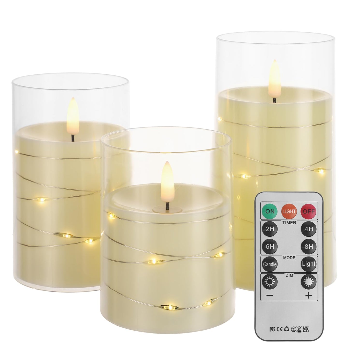 COVEGE Flickering Flameless Candles with Embedded String Lights - Acrylic Battery Operated Candles with Remote, LED Pillar Candles for Valentines/Wedding Home Decor（White）