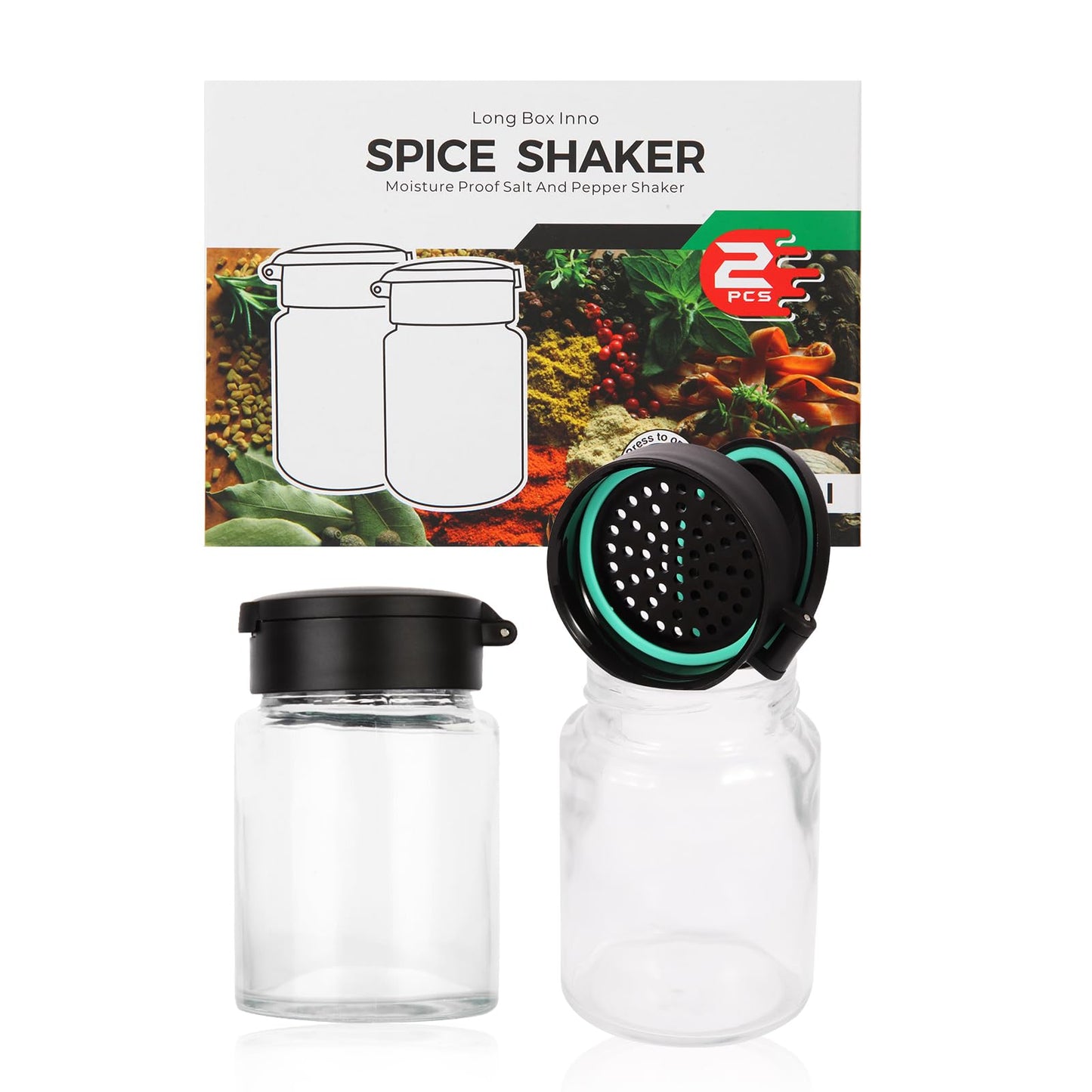 LBINNO Design Glass Salt and Pepper Shakers Set of 2, Moisture Proof Salt Shakers for Kitchen Countertop, Clear Salt Pepper Shaker Set, Small Mason Jar Salt & Pepper Shaker with Lid