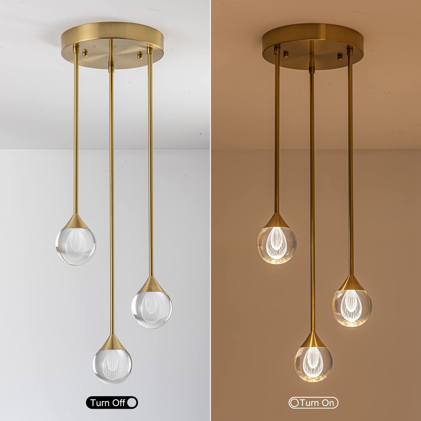 SUNMOO 3-Light Teardrop Crystal Pendant Light, Dimmable LED Crystal Globe Hanging Light Fixture, Modern Ceiling Pendant Lighting for Kitchen Island Dining Room Bedroom Bar 3000K 24W Brush Brass