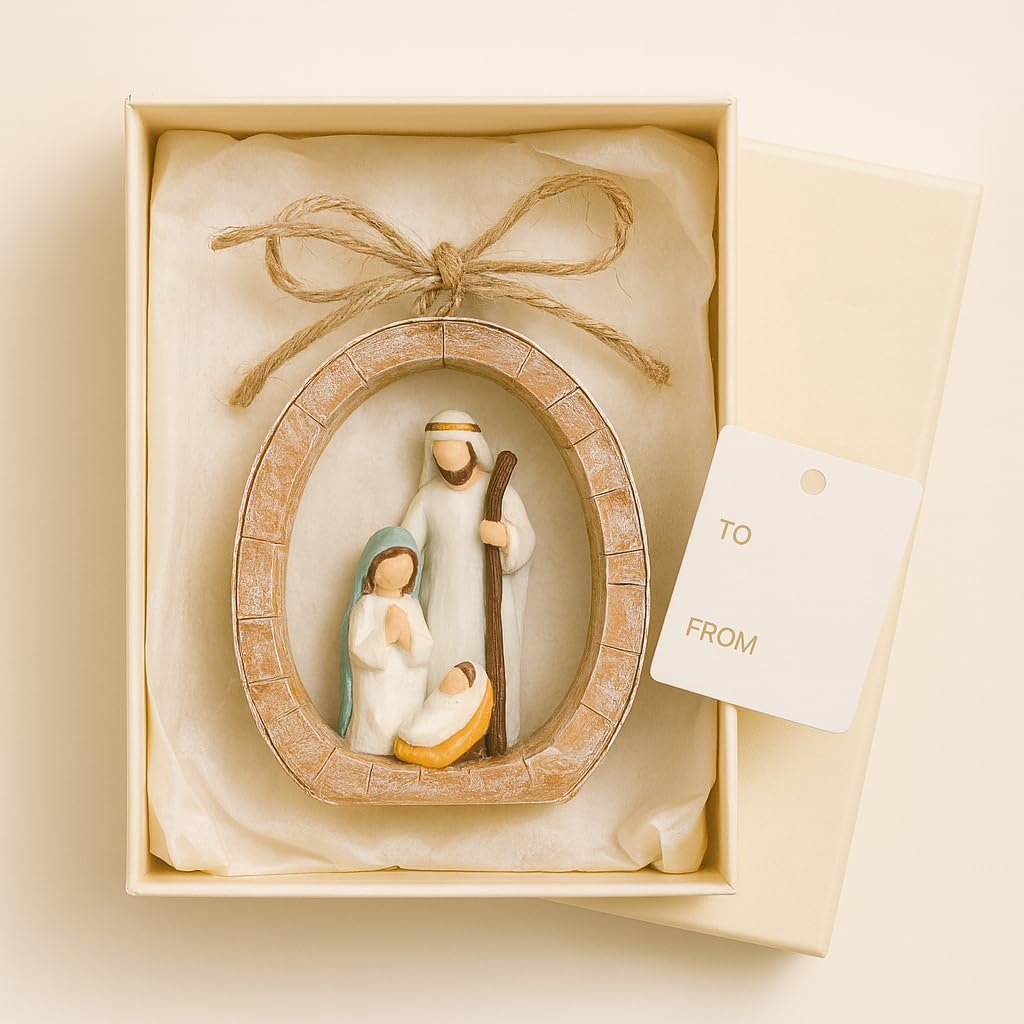 Holy Family Oval Nativity Set Hanging Christmas Ornament, Hand-Painted Resin with Jute Bow, Rustic Faux-Wood Ring, Religious Gift Xmas Tree/Wreath Décor (Nativity Scene)