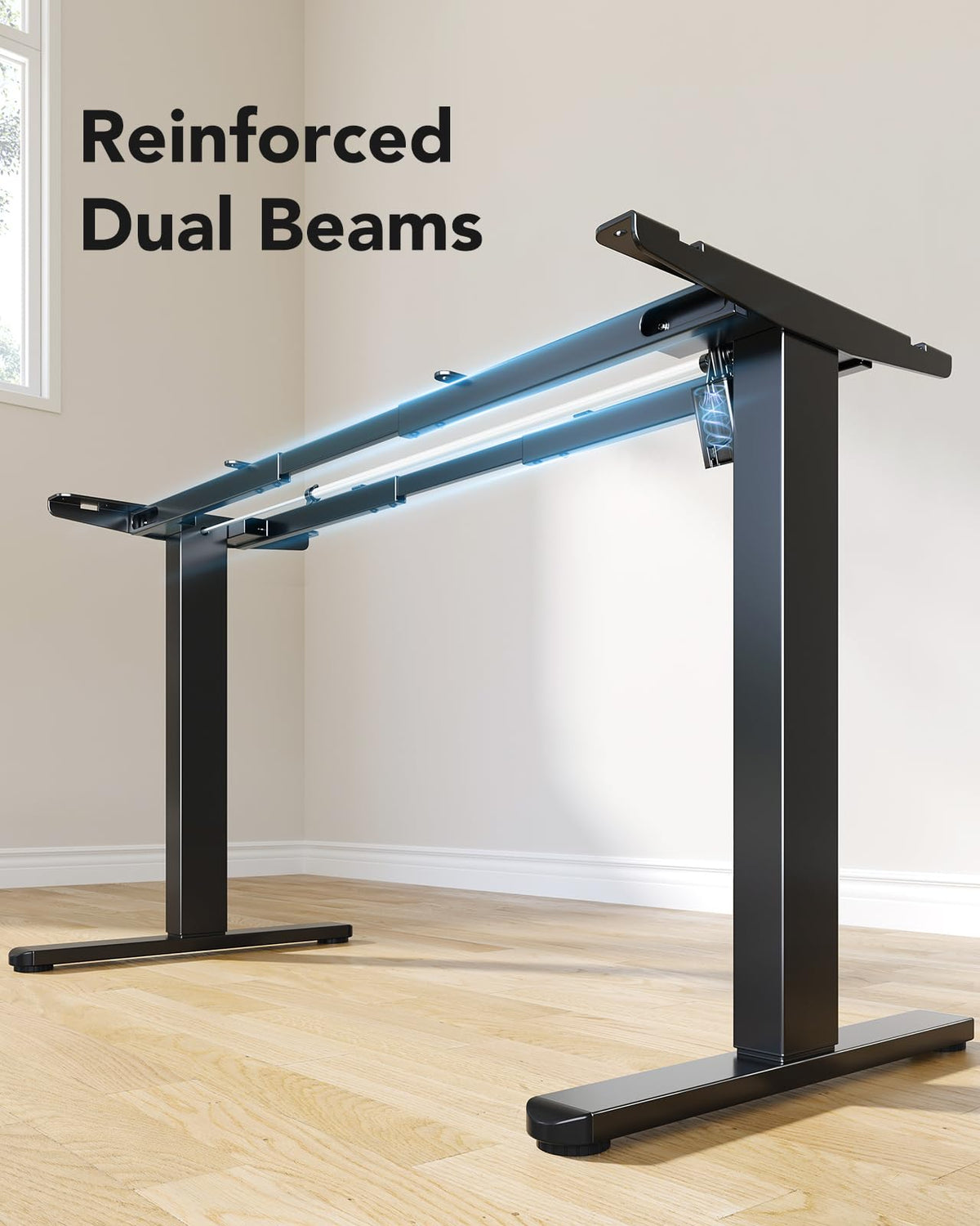 HUANUO Standing Desk Frame with 220lbs Powerful Brushless Motor, Double Crossbeam Structure, Thick Adjustable Desk Legs, for Max 35.4″ x 86.6″ Desktop, for Home Office, Black Frame Only
