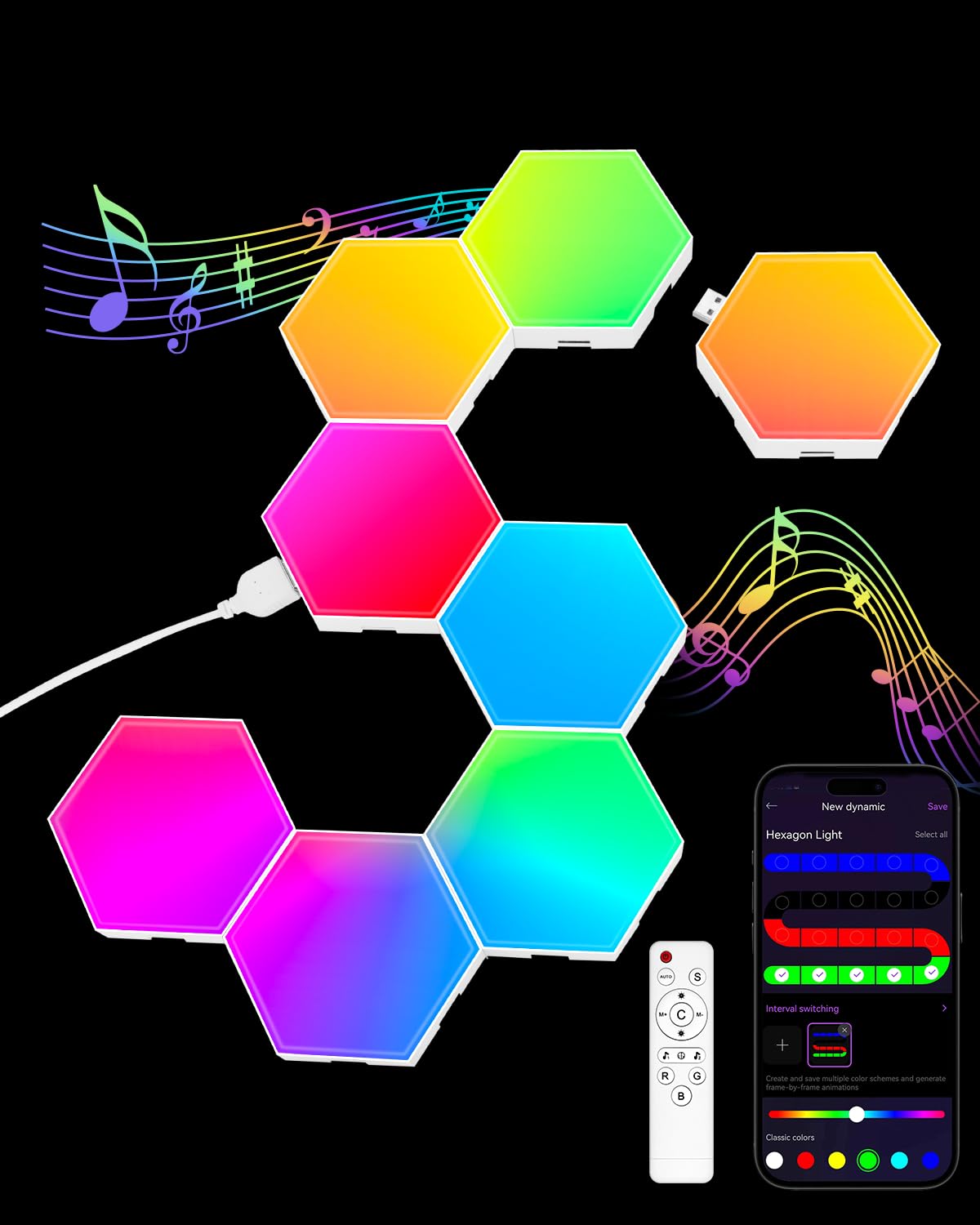 JIMIMORO Hexagon LED Light Panels 8 Pack – RGB Wall Decor Lights with Music Sync, App & Remote – Modular Home & Christmas Decor for Bedroom, Living Room, and Room Decor