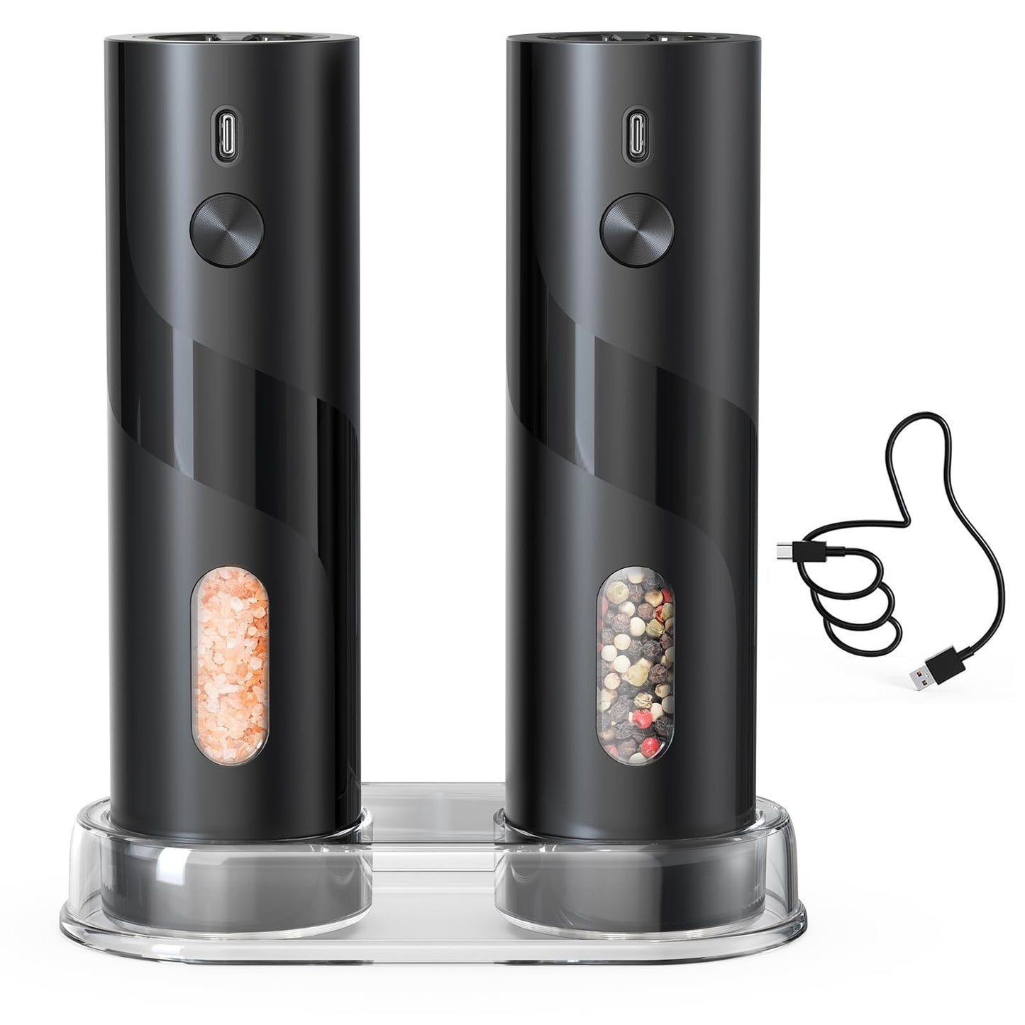 CIRCLE JOY Rechargeable Electric Salt and Pepper Grinder Set with Base, Automatic Pepper Mill Grinders with 110ml Container, Adjustable Coarseness and White LED Light, Black