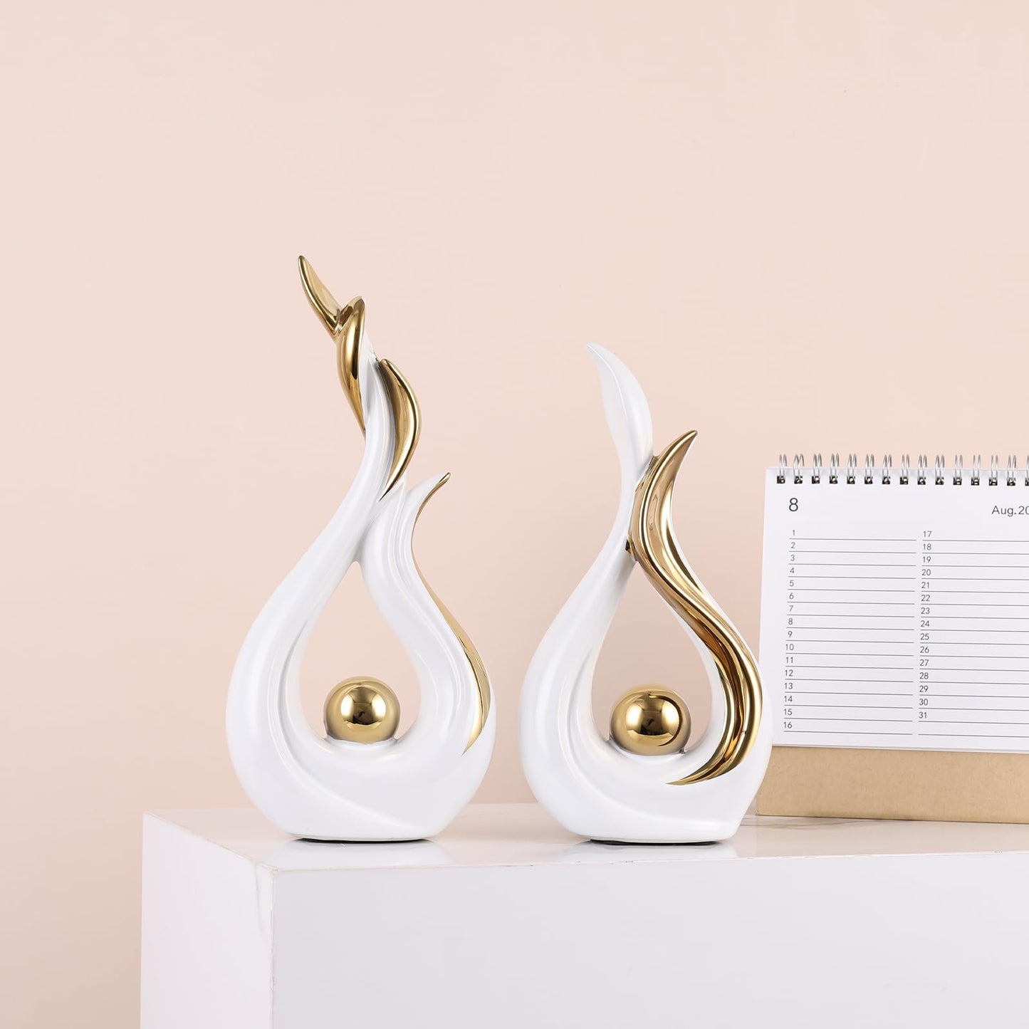 2PCS Abstract Flame Ceramic Sculpture Set – Modern Figurines for Living Room Table Centerpiece, Dining Table Decor, Bedroom Table Decor, Shelf Sculpture, Fireplace, and Home Decoration (White Gold)