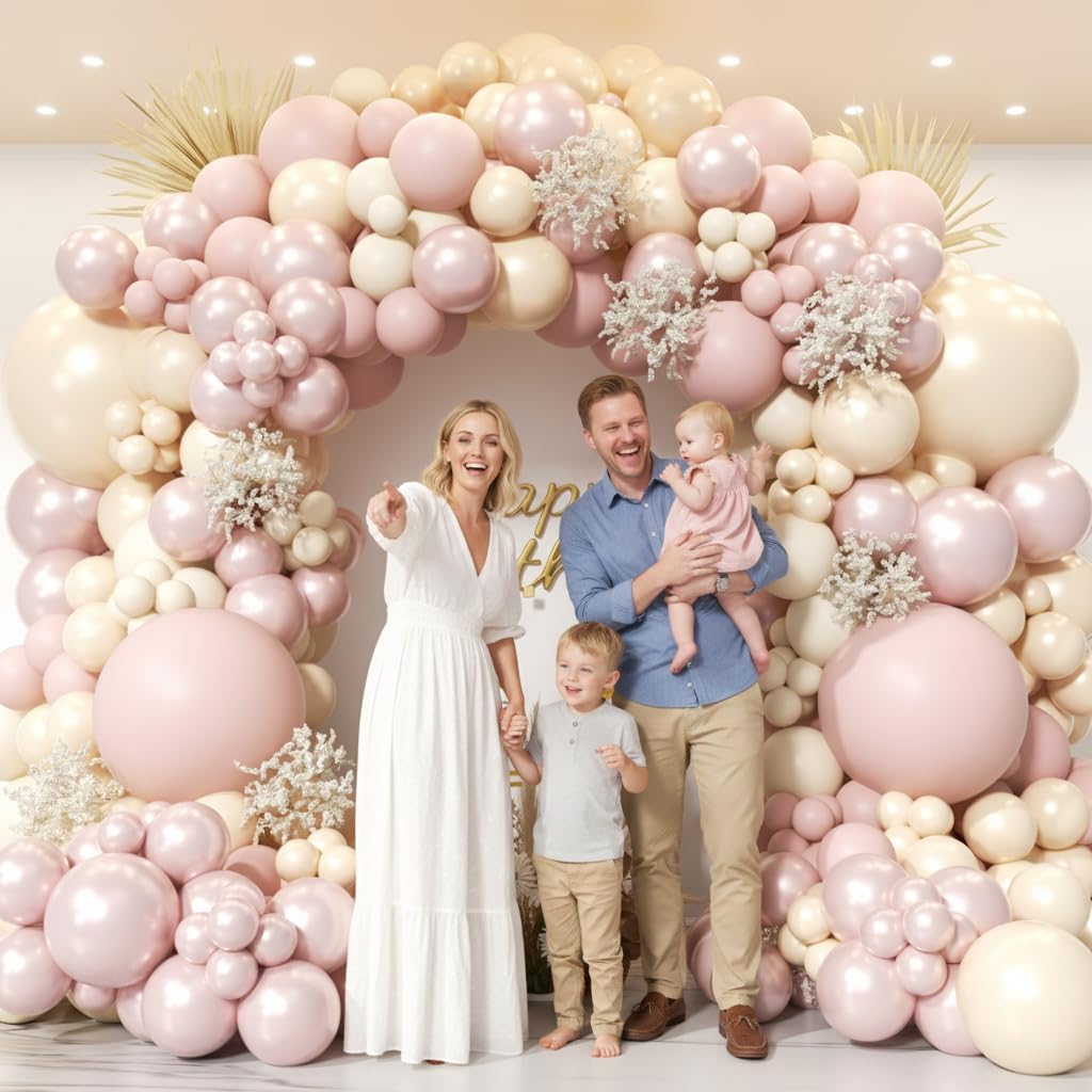 PTGOLUO Boho Dusty Pink Balloon Arch Garland Kit 153pcs, Double Stuffed White Pearl Balloon Blush Neutral Pink Balloons Arch Kit for Birthday Wedding Bridal Baby Shower Gender Reveal Party Decoration