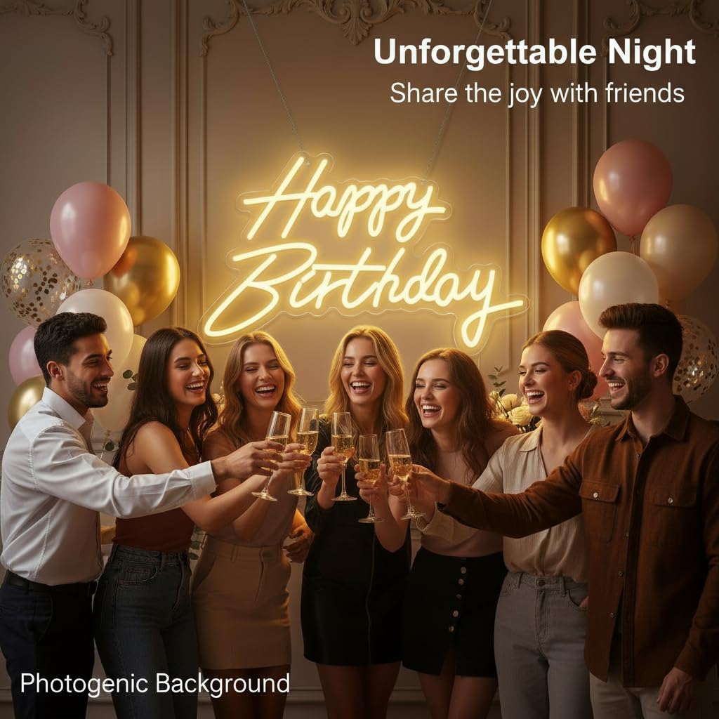 HMT Happy Birthday Neon Sign USB Powered 19.6×11.8 Inch Large LED Light Up Sign for Backdrop & Birthday Party Decor