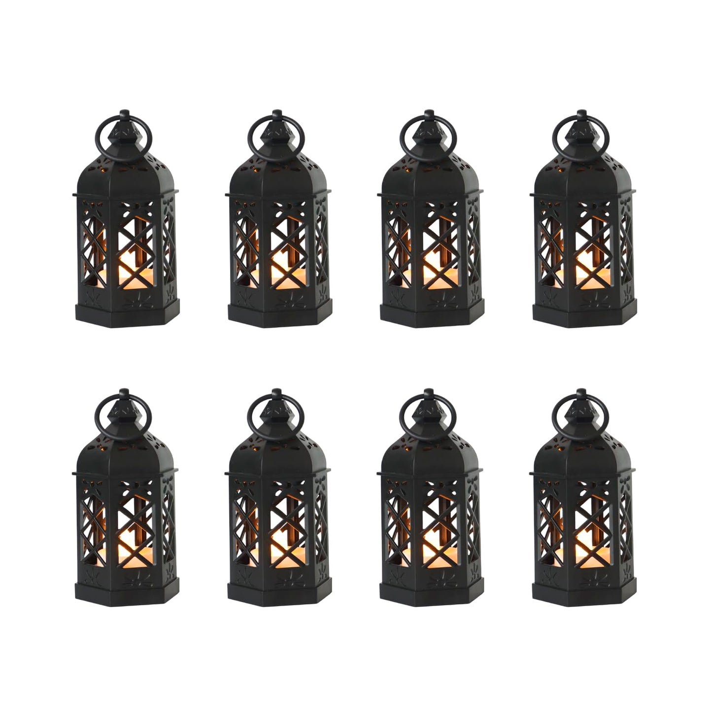 Reperla 8-Pack Mini Lanterns with Flickering LED Candles for Ramadan, Moroccan Decorative Hanging Lanterns for Halloween, Christmas, Wedding, Black Lantern for Table Centerpiece, Home & Party Decor