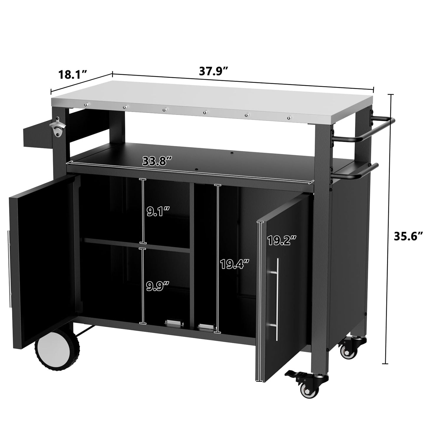 KEIKI Two Doors Outdoor Grill Cart with Patio Furniture, Rolling Bar Cart, Outdoor BBQ Cart with Hooks and Spice Rack for Grilling Accessories