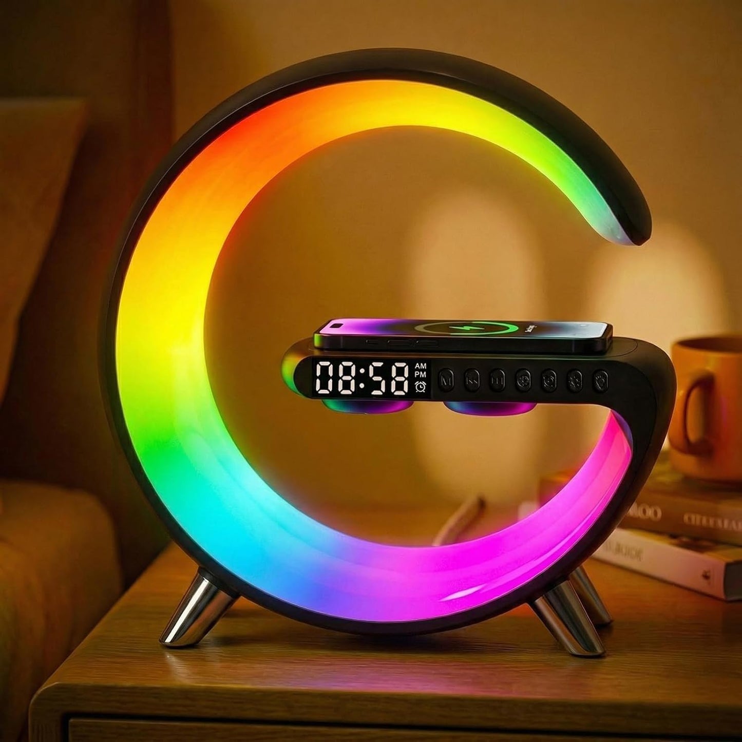 Smart LED Table Lamp,4-in-1 Wireless Charger with Speaker,Night Light, Alarm Clock, and Bluetooth Speaker with App Control, Ideal Gifts for Home, Office, Christmas (Light Black)