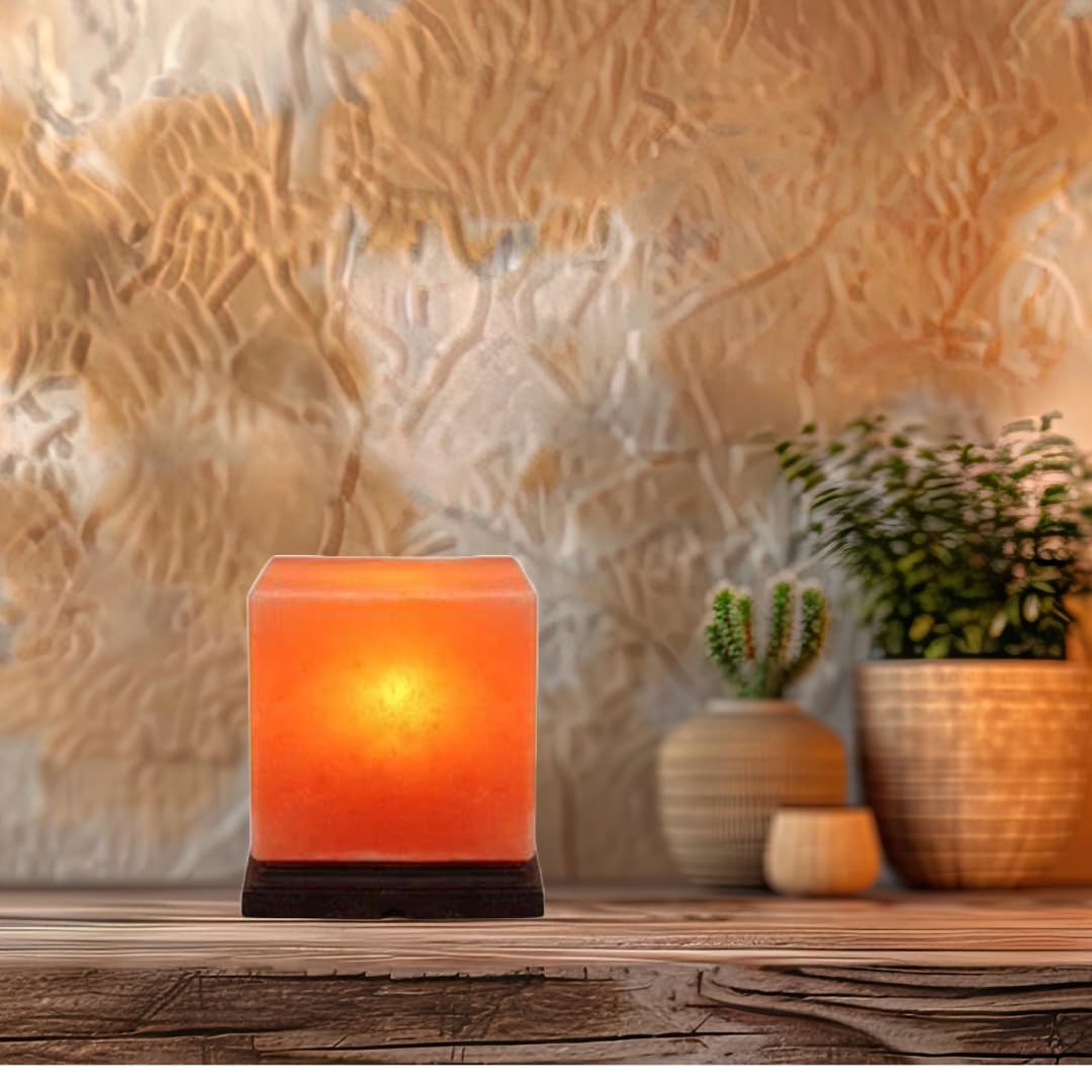 NatureBoost Himalayan Pink Salt Lamp, Cube Shape, 8 x 6 x 6 Inches – Hand-Carved Natural Salt Lamp with Wooden Base, Warm Ambient Glow for Bedroom, Living Room & Home Décor