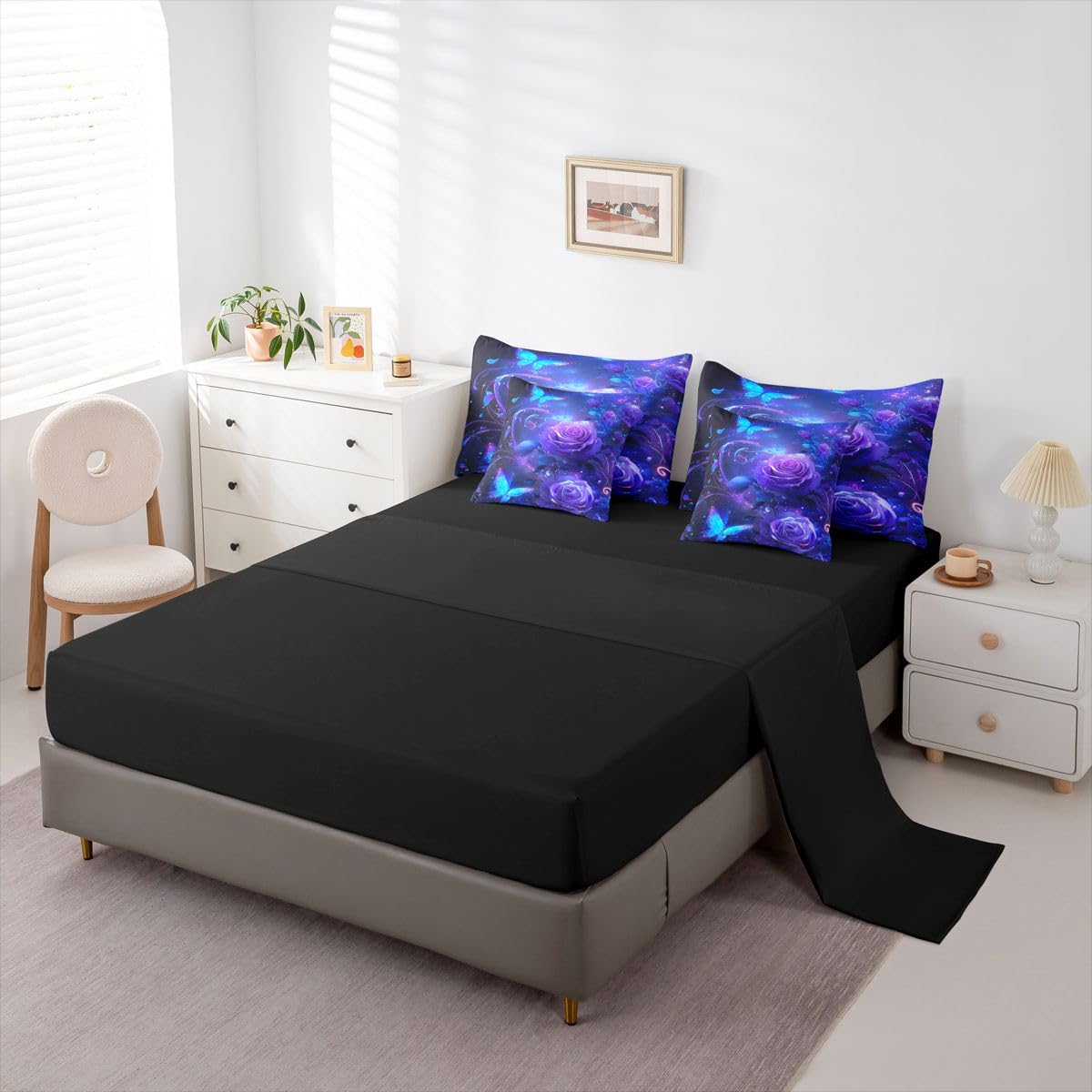 Erosebridal Butterfly 7 Piece Bedding Set Queen Rose Comforter Set with Sheets Flying Butterflies Dreamy Roses Bed in a Bag Magic Purple Flowers Petal for Kids Boys Girls