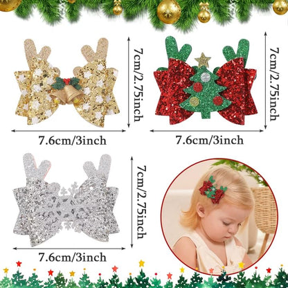 choicbaby 6pcs Christmas Hair Bows Clips 3" Glitter Sequin Baby Girl Hair Bows Christmas Tree Snowflake Bell Hair Accessories for Baby Girls Toddler Kids
