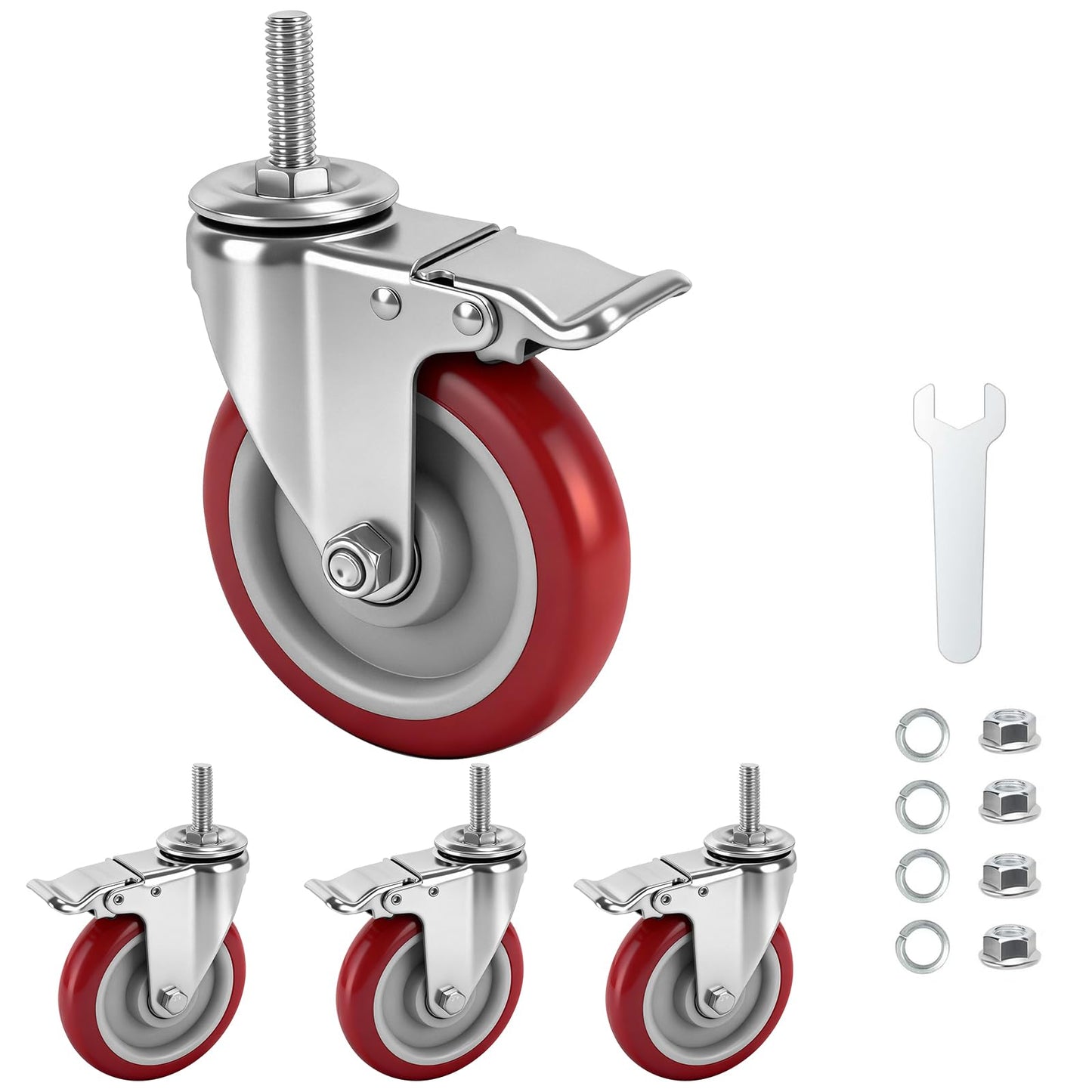 Caster Wheels, 5 Inch Locking Swivel Caster, 1/2"-13 x 1 (Screw Diameter 1/2", Screw Length 1.5") Threaded Stem Casters Set of 4 Heavy Duty,Industrial Castors Wheels for Cart,Furniture and Workbench
