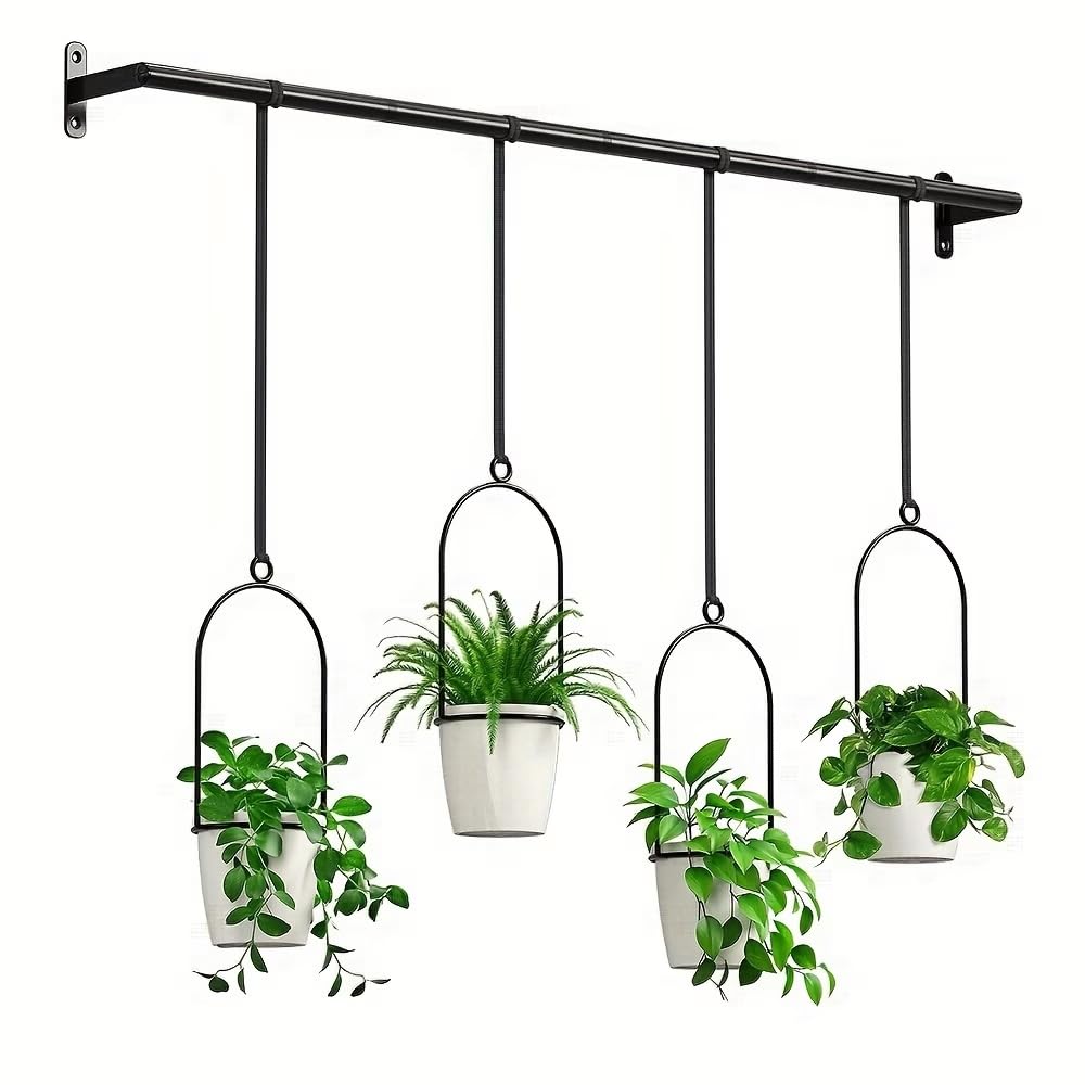 Metal Adjustable Hanging Flower Pots Set with 4 Plastic Pots, Indoor and Outdoor Wall Plant Hanger with Nylon Rope for Windows and Ceiling Herb Garden, 41.4-48 Inches, White and Black