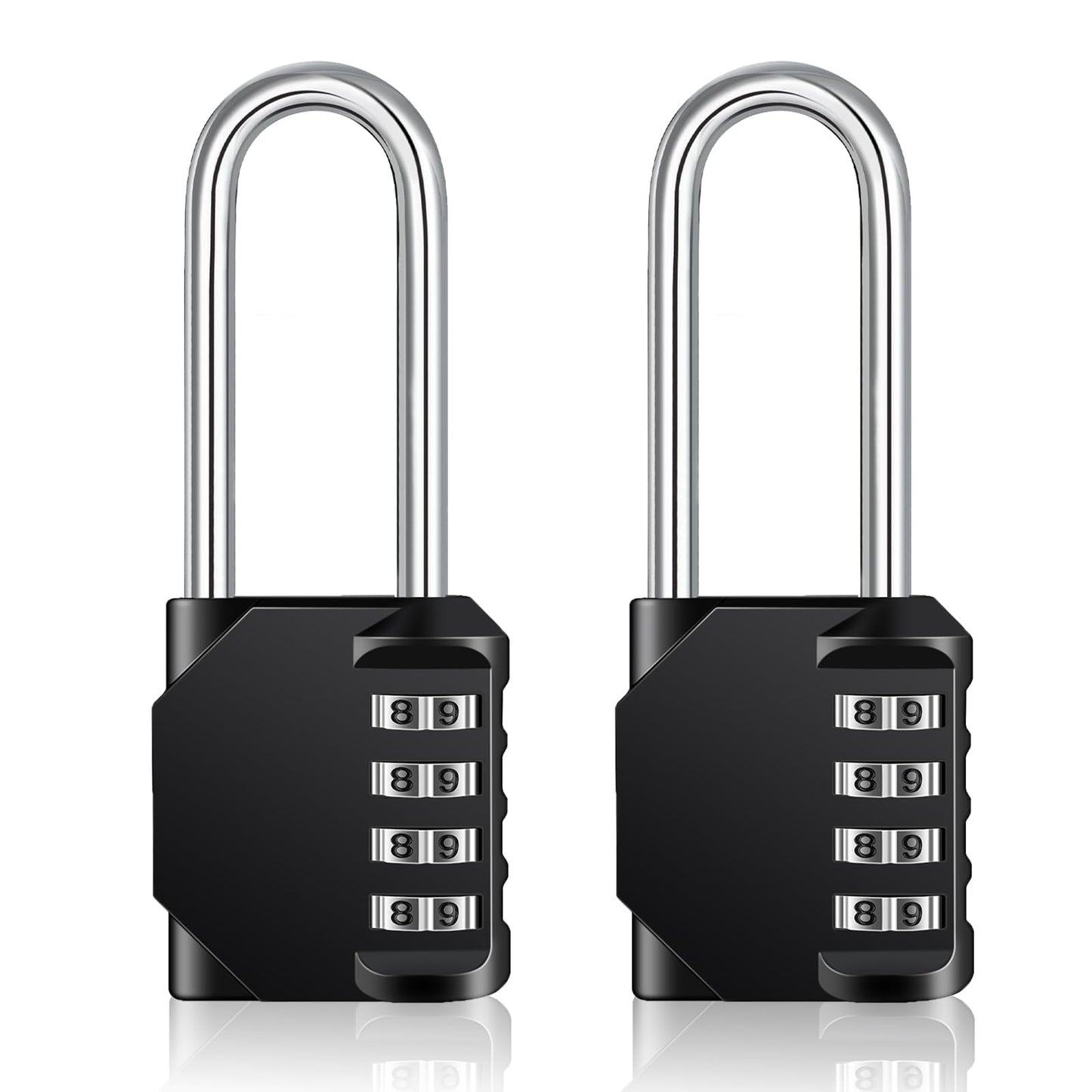 ZHEGE Long Shackle Padlock, 4 Digit Combination Lock, Resettable Weatherproof Combo Lock for School, Gym, Employee Locker, Outdoor, Fence (Black, 2 Pack)