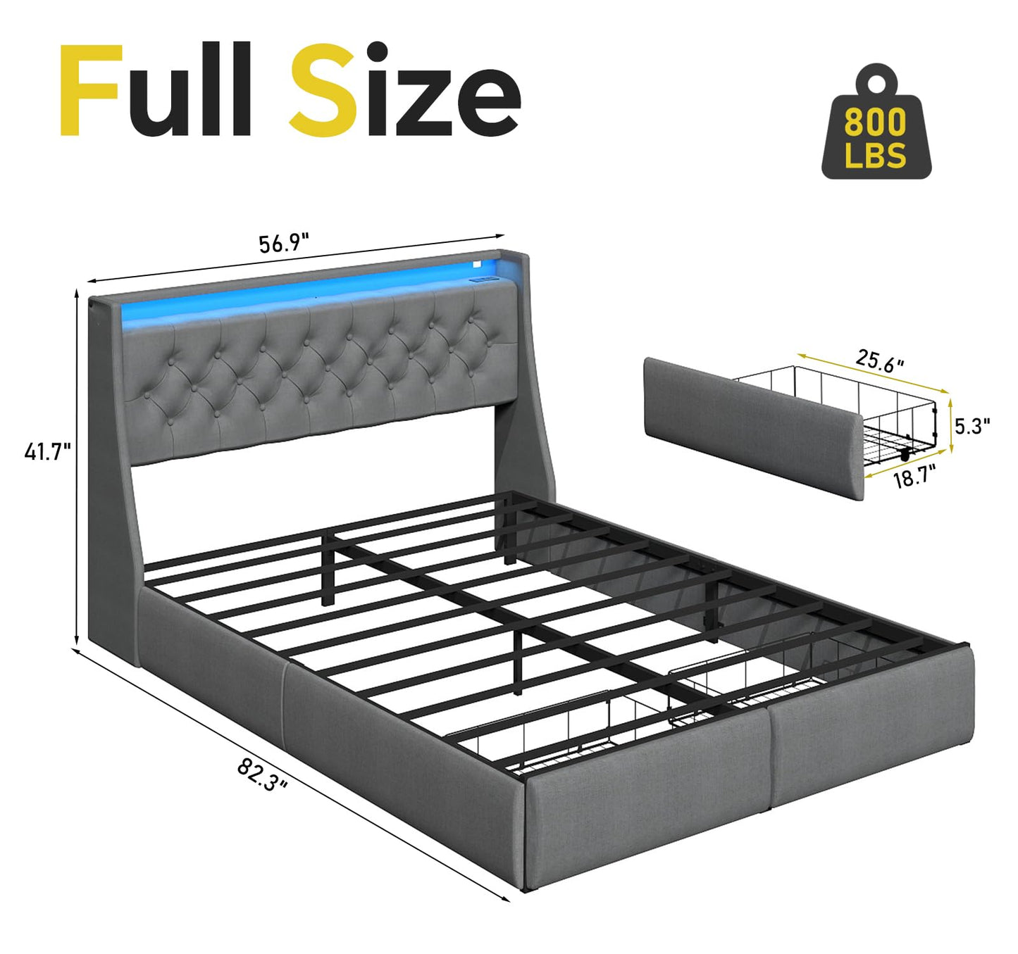 SADENICEL Full Size Bed Frame with Storage Headboard and 2 Drawer, Metal Full Bed Frame Platform with LED Light, Charging Station, No Box Spring Needed, Noise Free, Easy Assembly, Grey