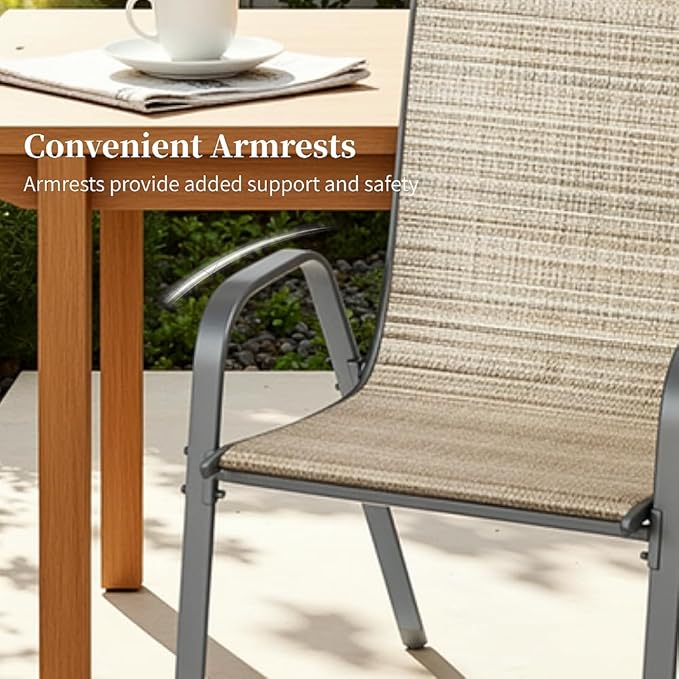 MAMIZO Patio Dining Chairs, Stackable All Weather Teslin Chair, Heavy Duty Outdoor Breathable Chairs Set, w/Armrests, Upgraded Chair FeetW/Strenthened Iron Spacers, 330 LBS (8, Brown)