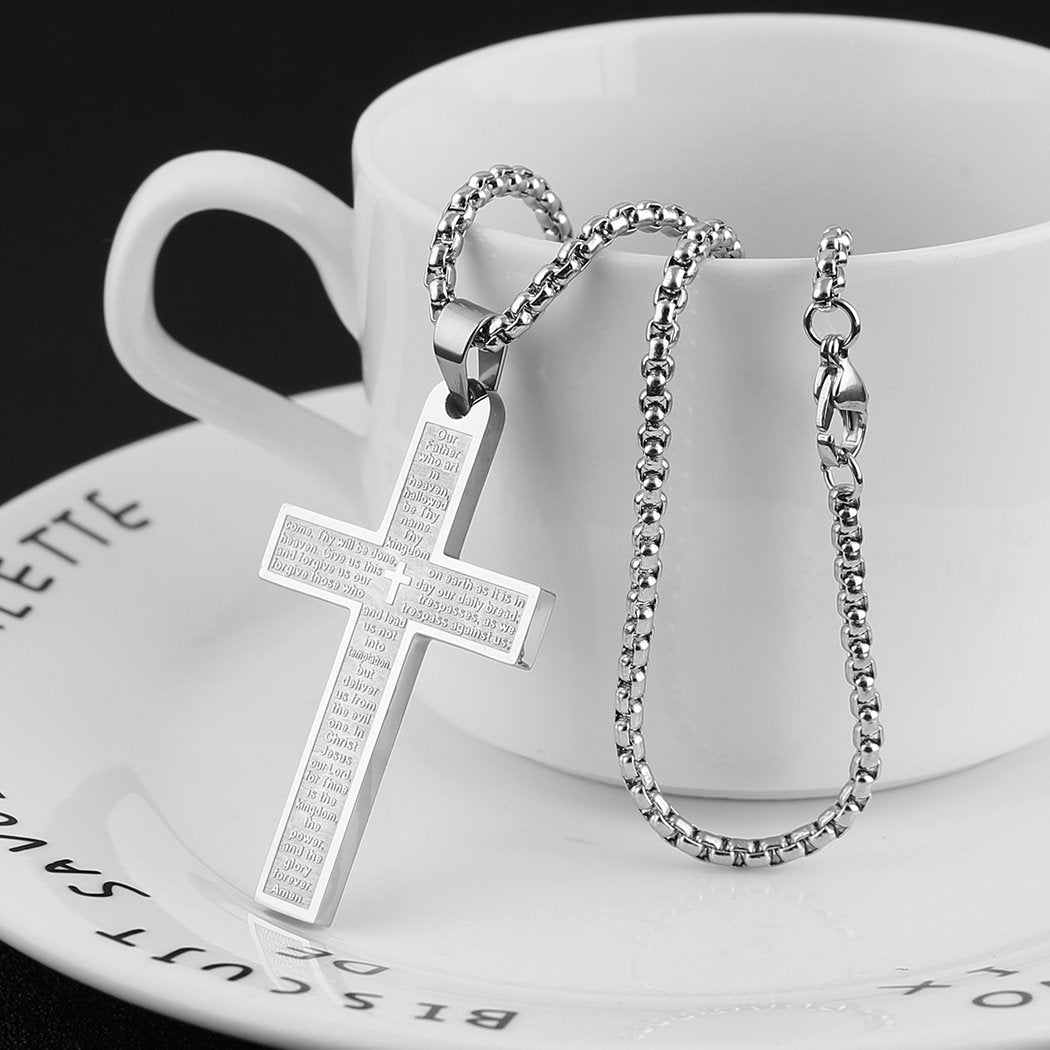 HZMAN Stainless Steel Cross Necklace for Men Women Inspiring Lord's Prayer Cross Pendant Jewelry Gift (Silver)