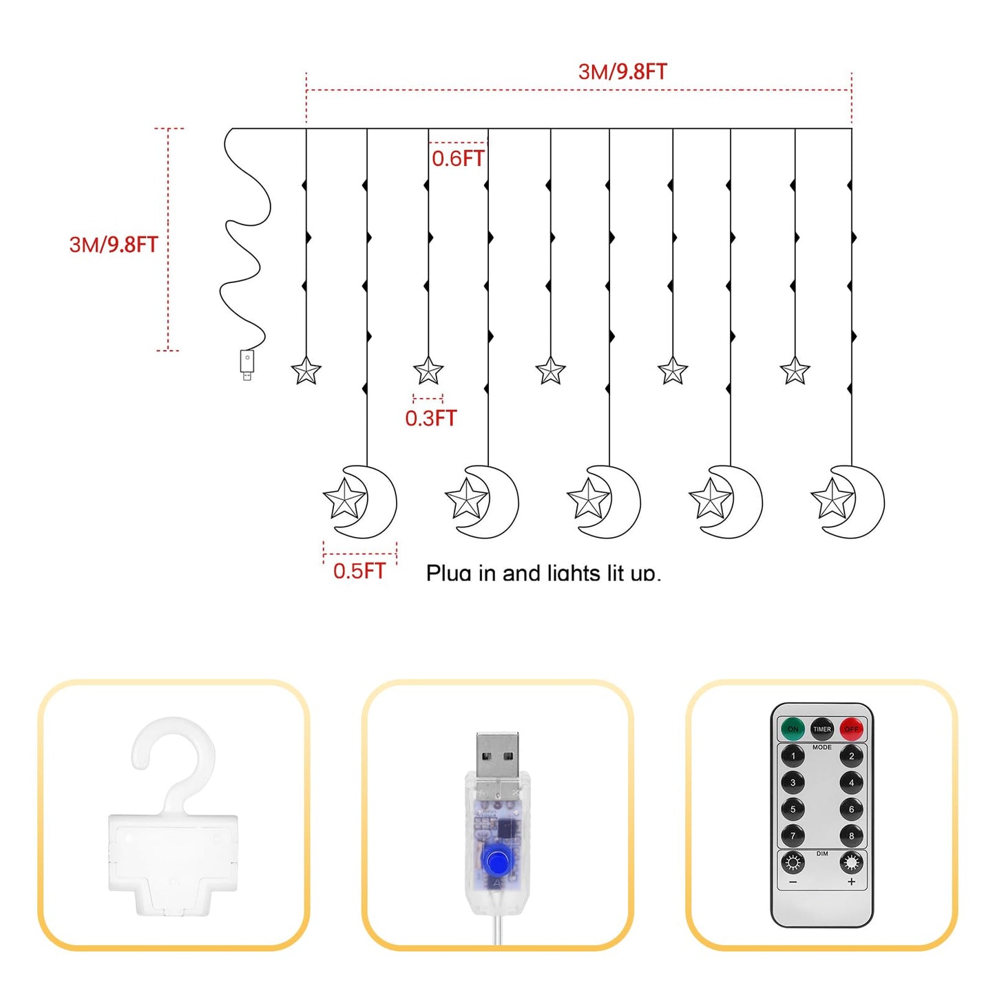 BomKra 130 LED Star Moon Curtain Decorative Lights, Ramadan Window Curtain Fairy String Lights, Remote Control & USB Plug, 8 Lighting Modes, for Indoor, Home Holiday, Party, Ramadan Decorations