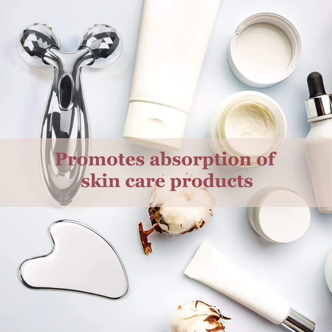 Stainless Steel Gua Sha and Face Roller Set, Facial Tool for Face Sculpting, Metal Skin Care, Massager for Women