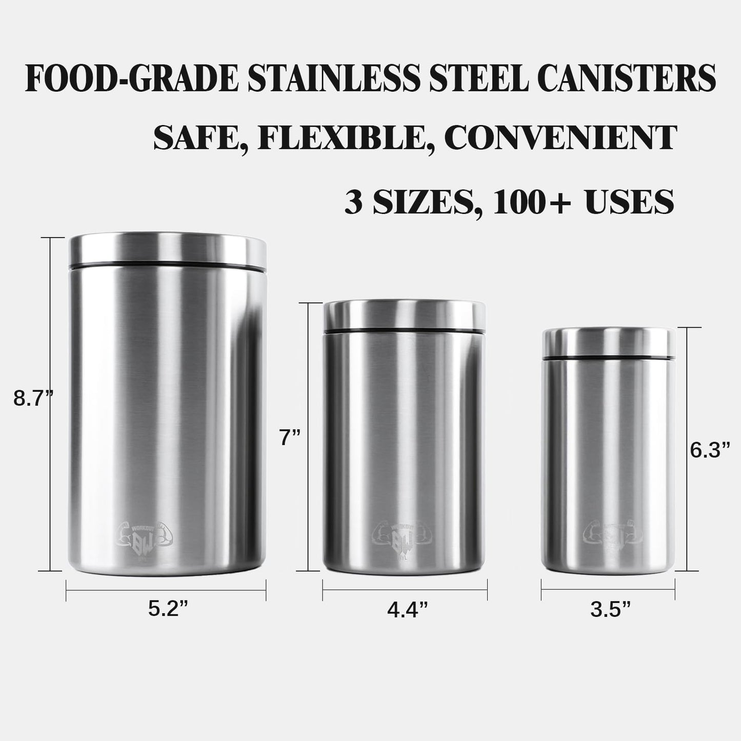 WORKOUT BW BYLWORKOUT 3-Piece Stainless Steel Food Canisters Set (27/47/84oz) | Airtight Metal Kitchen Storage Containers with Screw Lids | Stackable Jars for Coffee, Flour, Sugar & Protein Powder