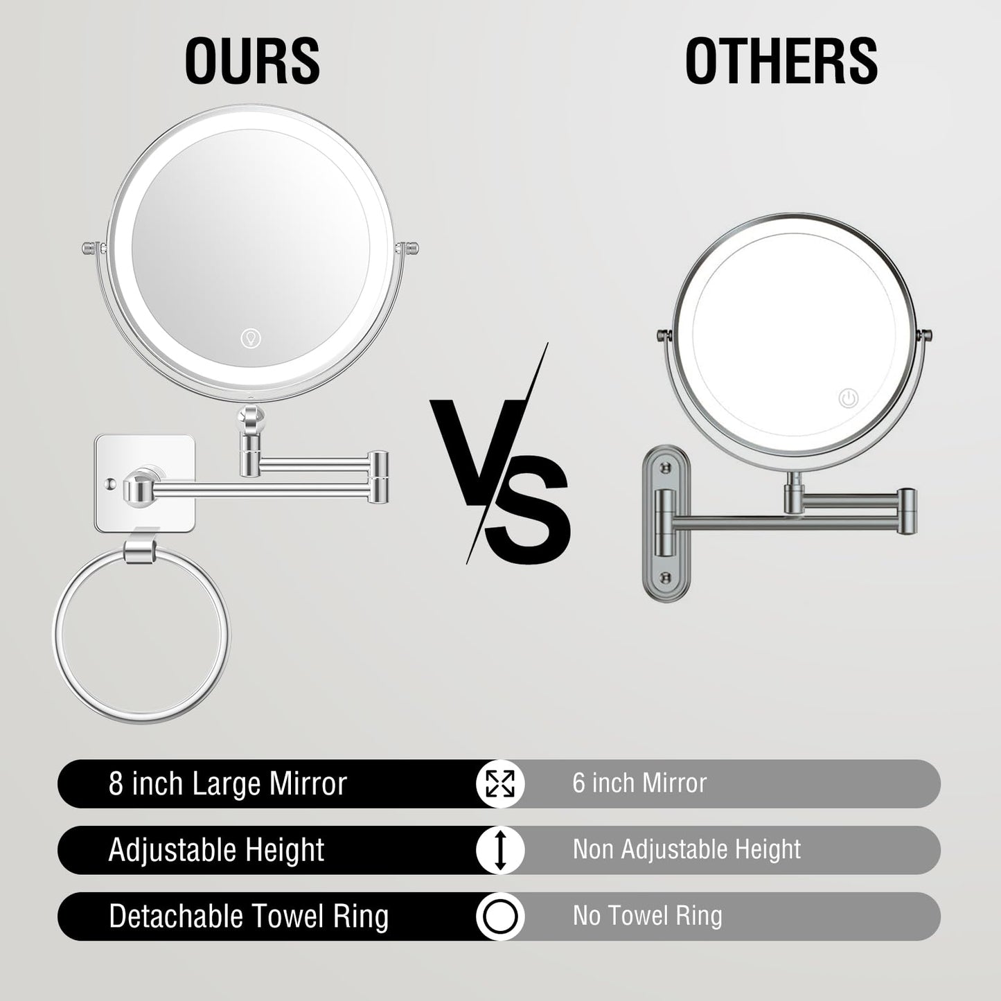 Lighted Makeup Mirror, Rechargeable Height Adjustable Double Sided, 1x/10x Magnifying with 3 Color, Brightness Adjustable, 360° Rotation Vanity, Gift for Women