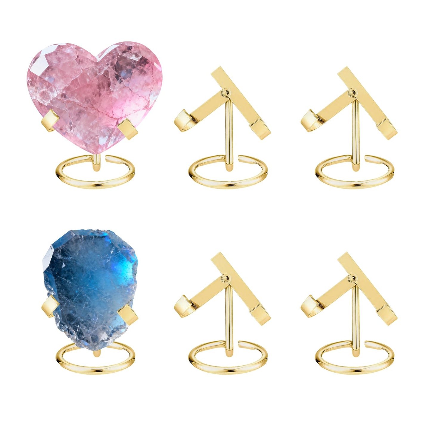 GeryVtee 6PCS Metal Crystal Holder Rock Display Stand Crystal Ball Holder Mineral Specimen Display Easel Holder for Gemstones Fossils Agate Slabs Plates (Gold)