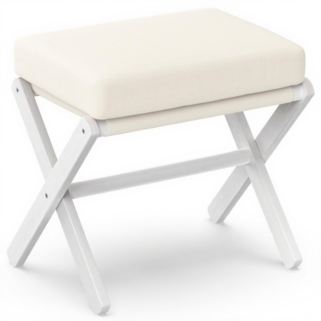 BAMBOOHOMIE Foldable Foot Stool Ottoman, Modern Foot Rest with Bamboo X Legs & Thick Foam Cushion, Folding Foot Stools Small Padded for Bedroom Living Room, Footstool for Chair Couch (White - White)