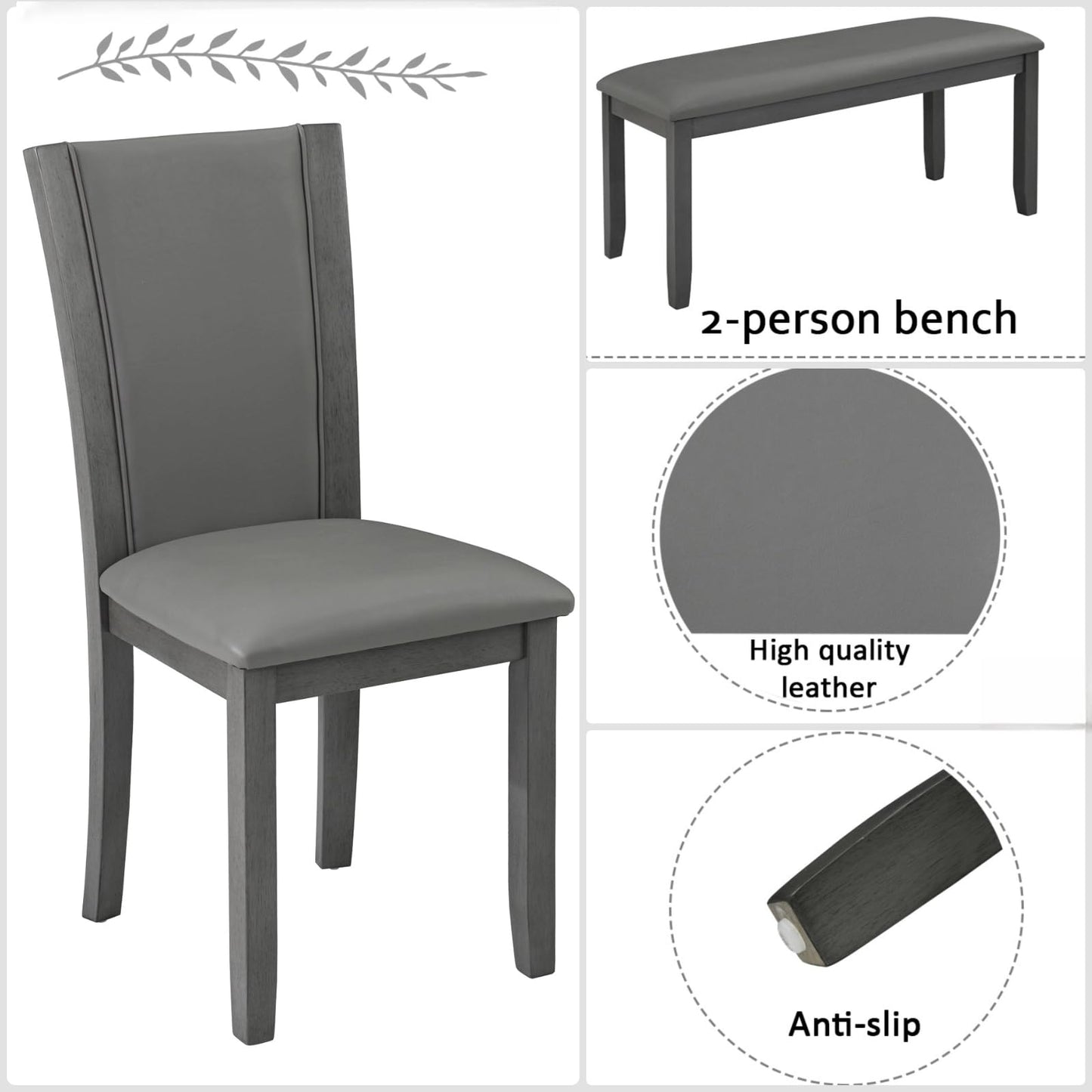 Trygoal Dining Table Set for 6, Farmhouse 6 Piece Dining Room Table Set with Rectangular Table, 4 Upholstered Backrest Chairs and Bench, Counter Height Kitchen Sets with Warm Woodgrain Finish, Gray
