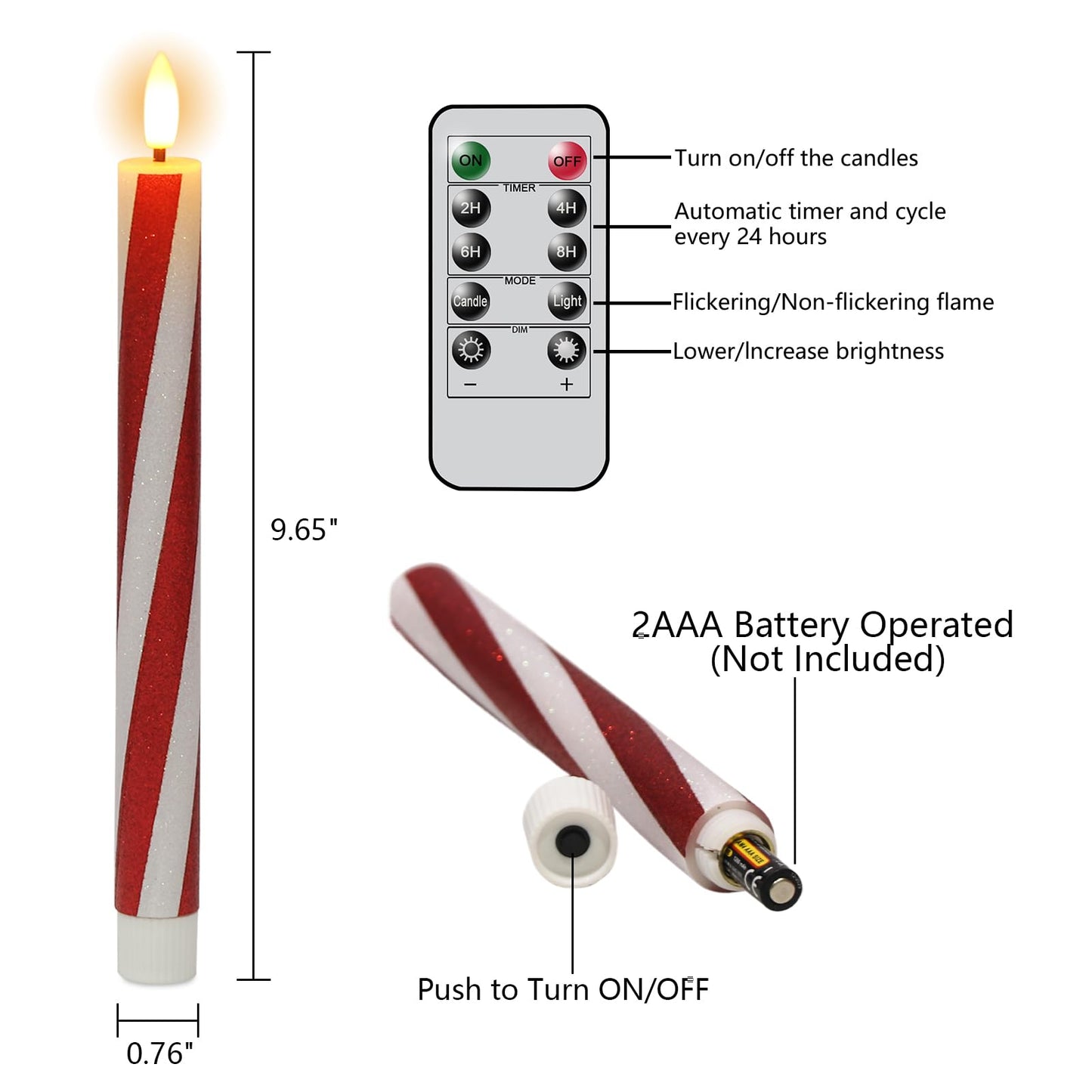 DRomance Christmas Flameless Taper Candles Flickering Battery Operated with Remote Timer, 2 Pack Real Wax 3D Wick LED Taper Candles Candy Cane Decals Holiday Indoor Dinner Decor(0.76" D x 9.65" H)