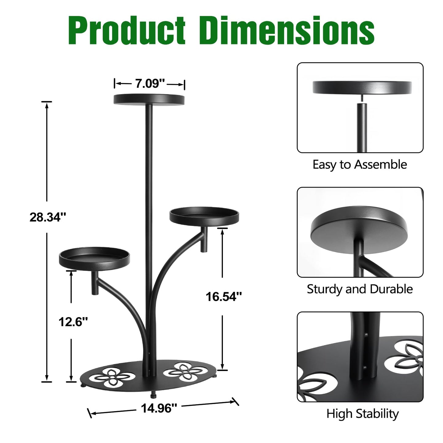XZHXZH,Indoor 3 Tier Black Plant Stand, Tall Metal Plant Stand, Heavy-duty Base in the Shape of a Four-leaf Clover, Layered Modern Flower Pot Rack, Suitable for Courtyards, Patios, Living Rooms, Bedrooms