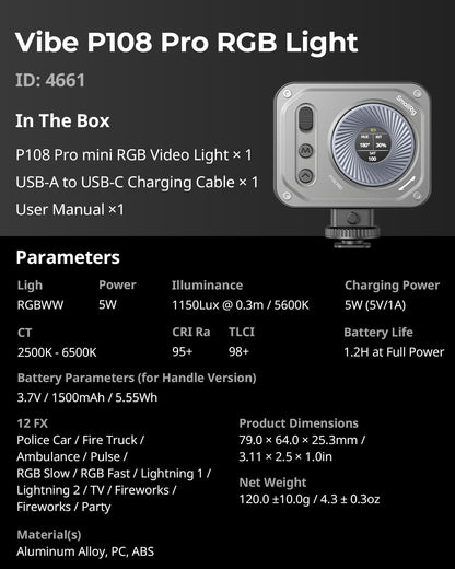 SMALLRIG Vibe P108 Pro RGB Video Light, Portable Led Camera Light for Photography, Cold Shoe Light, CRI95+, 2500-6500K, 12 Effects, Fill Light Accessories for Content Creator, Streaming