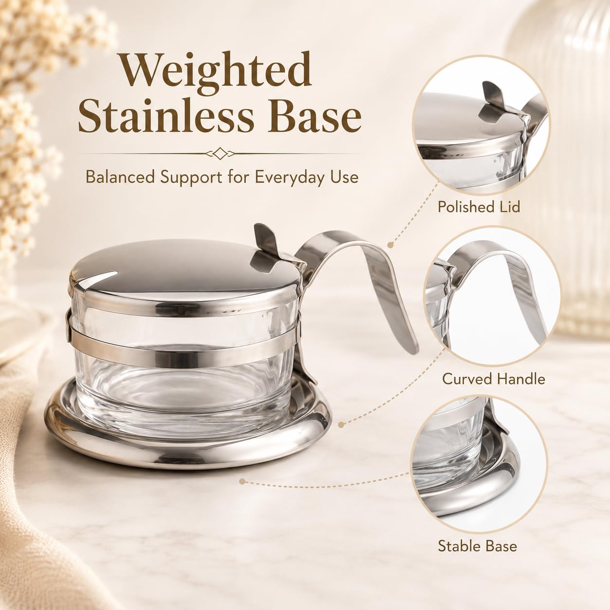 2 PCS Stainless Steel Salt Server with Spoon, Glass Salt Cellar for Countertop, Heavyweight Seasoning Jar Set with Flip Lid, Elegant Sugar Pepper Container for Home Kitchen Baking Station