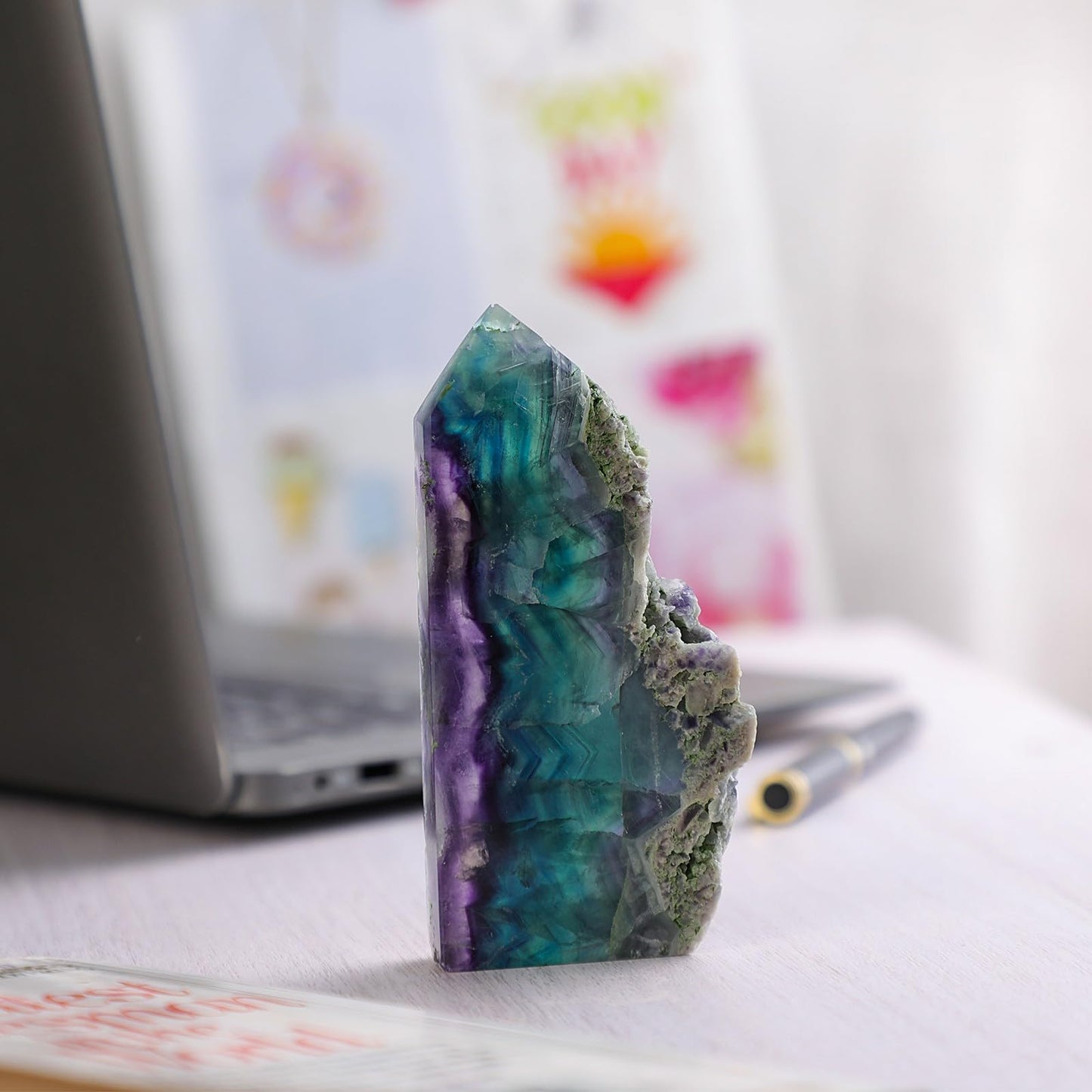 TUMBEELLUWA Natural Fluorite Crystal Wand for Healing, Pointed Crystal Obelisk Tower Raw Stone Mineral Specimen Decor, 200-350 g