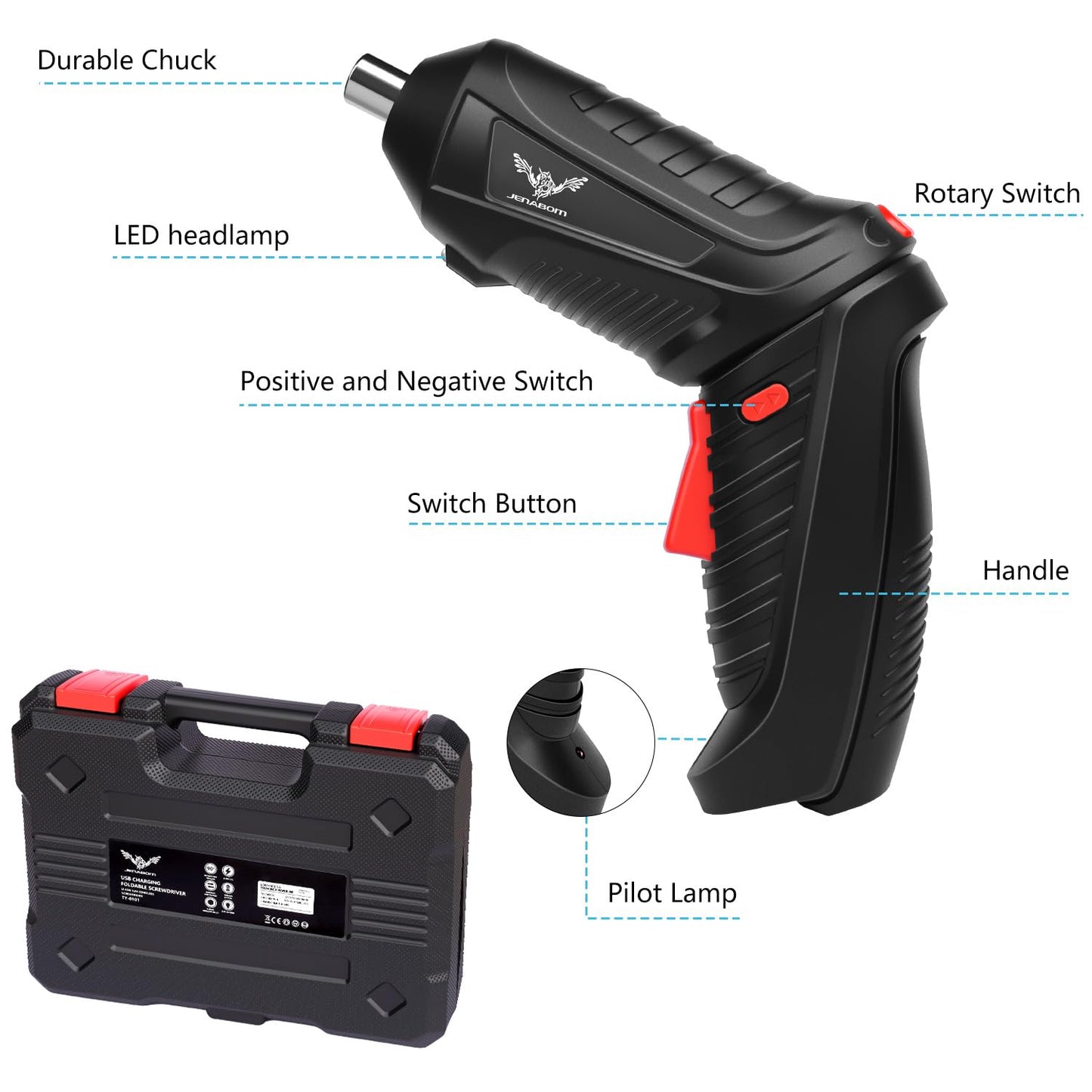 JENABOM Electric Screwdriver Cordless, 47 in 1 Upgrade Portable Cordless Driver, 3.6V Rechargeable 3.5N·m Screwdriver Kit, Dual Position Handle with LED Light for Home Improvement DIY Project
