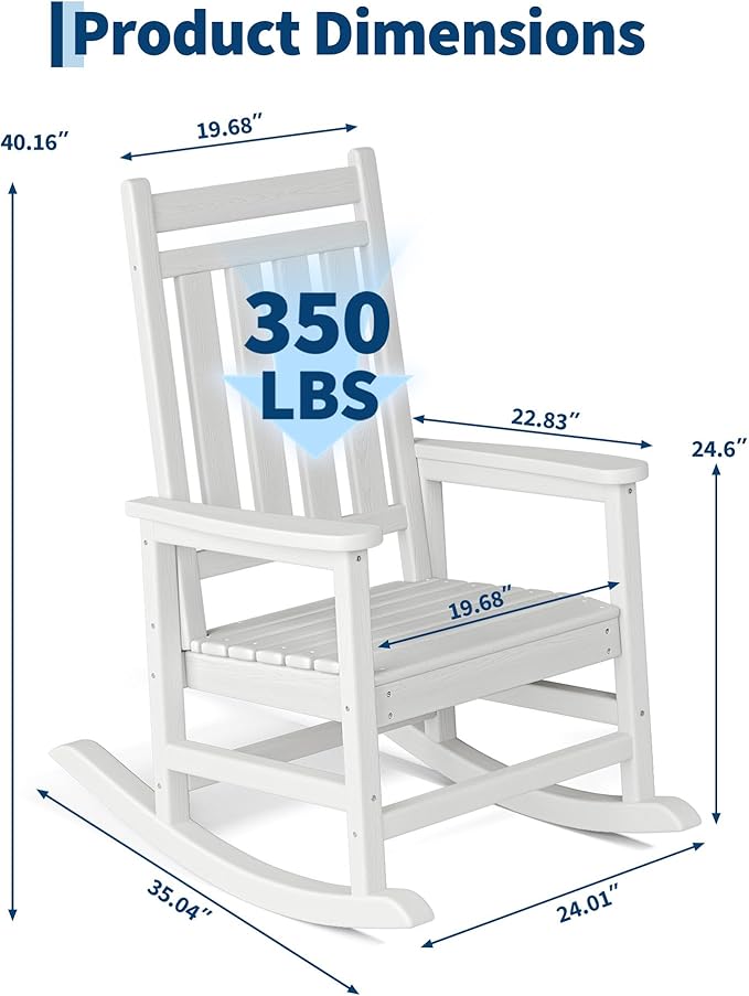 GarveeLife Poly Lumber Rocking Chair Outdoor Set of 2 - HDPE High Back Porch Rocker Chairs for Adults - All Weather Resistant Furniture for Patio - White