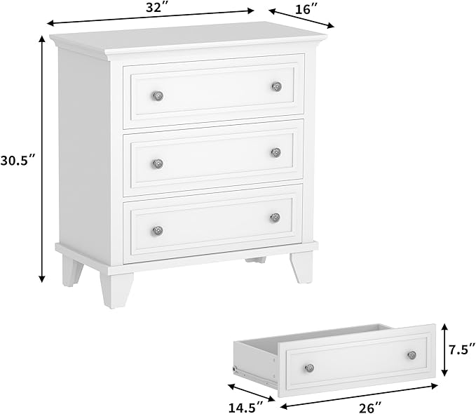 IDEALHOUSE 3 Drawer Dresser, Wooden Storage Chest of Drawers