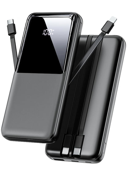 Power Bank Fast Charging, 15000mAh Portable Charger with Built-in Cables, USB-C Powerbank with LED Display & 4 Outputs, Battery Pack Compatible with iPhone 16 15 14 13 Android and more, Black