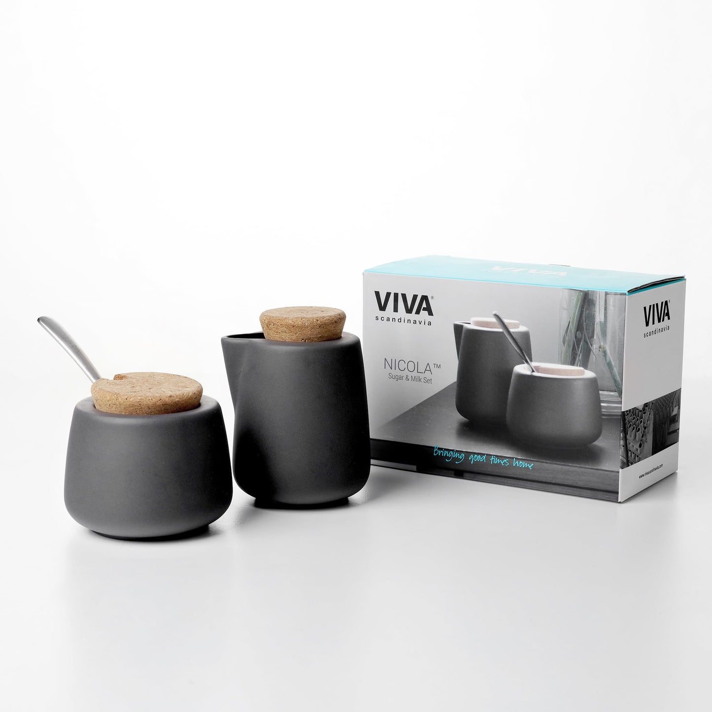 VIVA Nicola Charcoal Sugar and Creamer Set, Porcelain Cream and Sugar Set with Cork Lid & Spoon, 7oz / 200ml Coffee Serving Set for Coffee Bar, Tea Station & Countertop