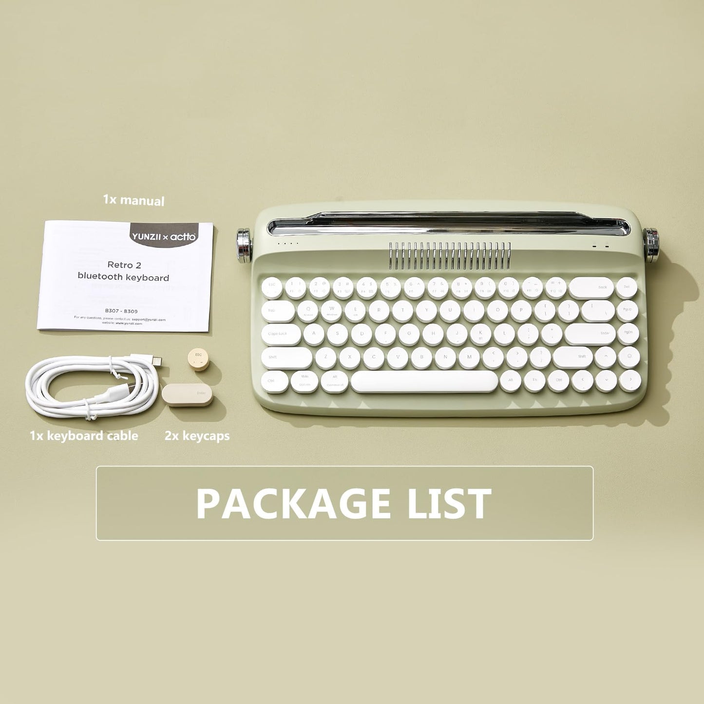 YUNZII Upgraded Wireless Typewriter Keyboard,with Retro Integrated Stand,USB-C/Bluetooth,Cute Round Keycaps, USB-C/Bluetooth Connection for Table, Phone, PC and Win/Mac/Android (B309, Baby Pink)