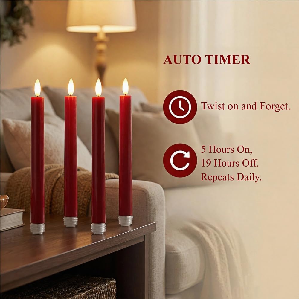 Simplelight Red Flameless Taper Candles with Timer, 9 Inch, Pack of 4
