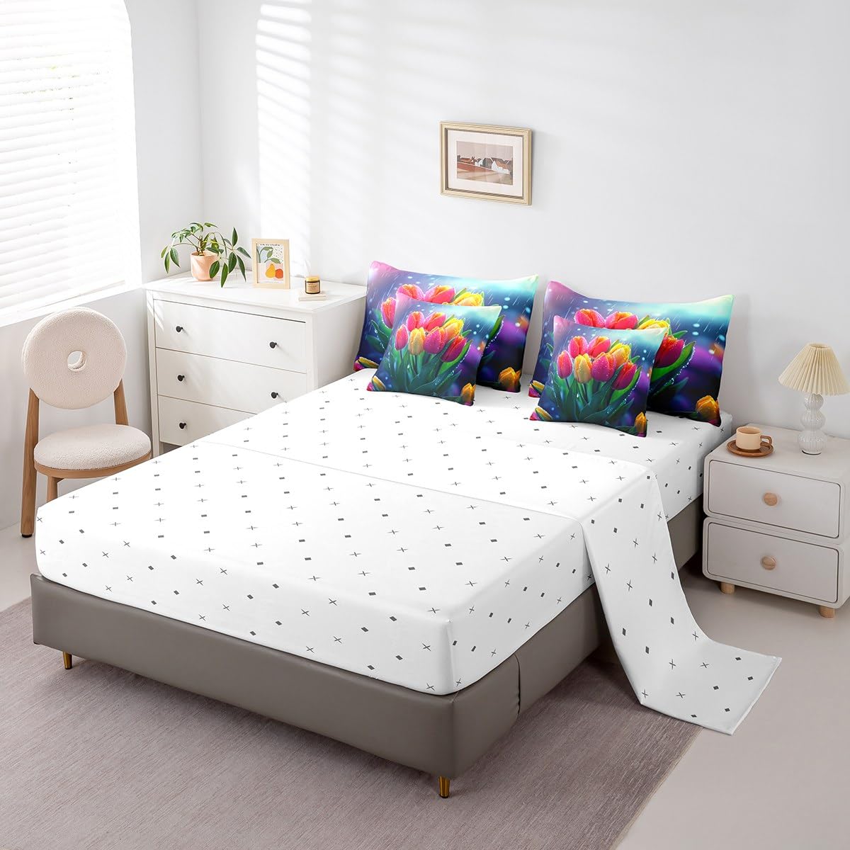 Erosebridal Tulips Bedding Set Spring Summer Flowers Twin Comforter Set 7 Piece for Kids Girls Teen Women,Rainy Floral Pink Yellow Tulips Bed in A Bag Pastel Plants Sheet Set with Comforter