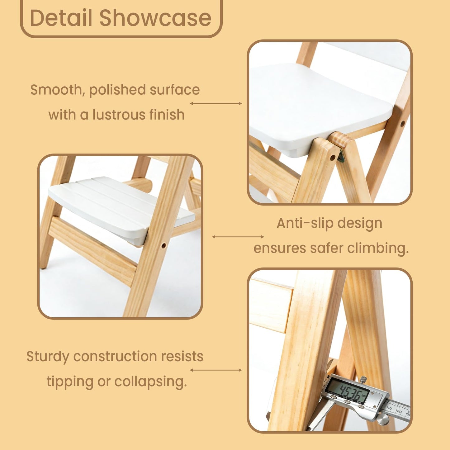 Wooden Folding Step Stool Chair, Solid Pine Wood 3-Step Ladder Stool with Seat, Multi-Purpose Step Chair for Kitchen, Home, Pantry or Bar Use(White)